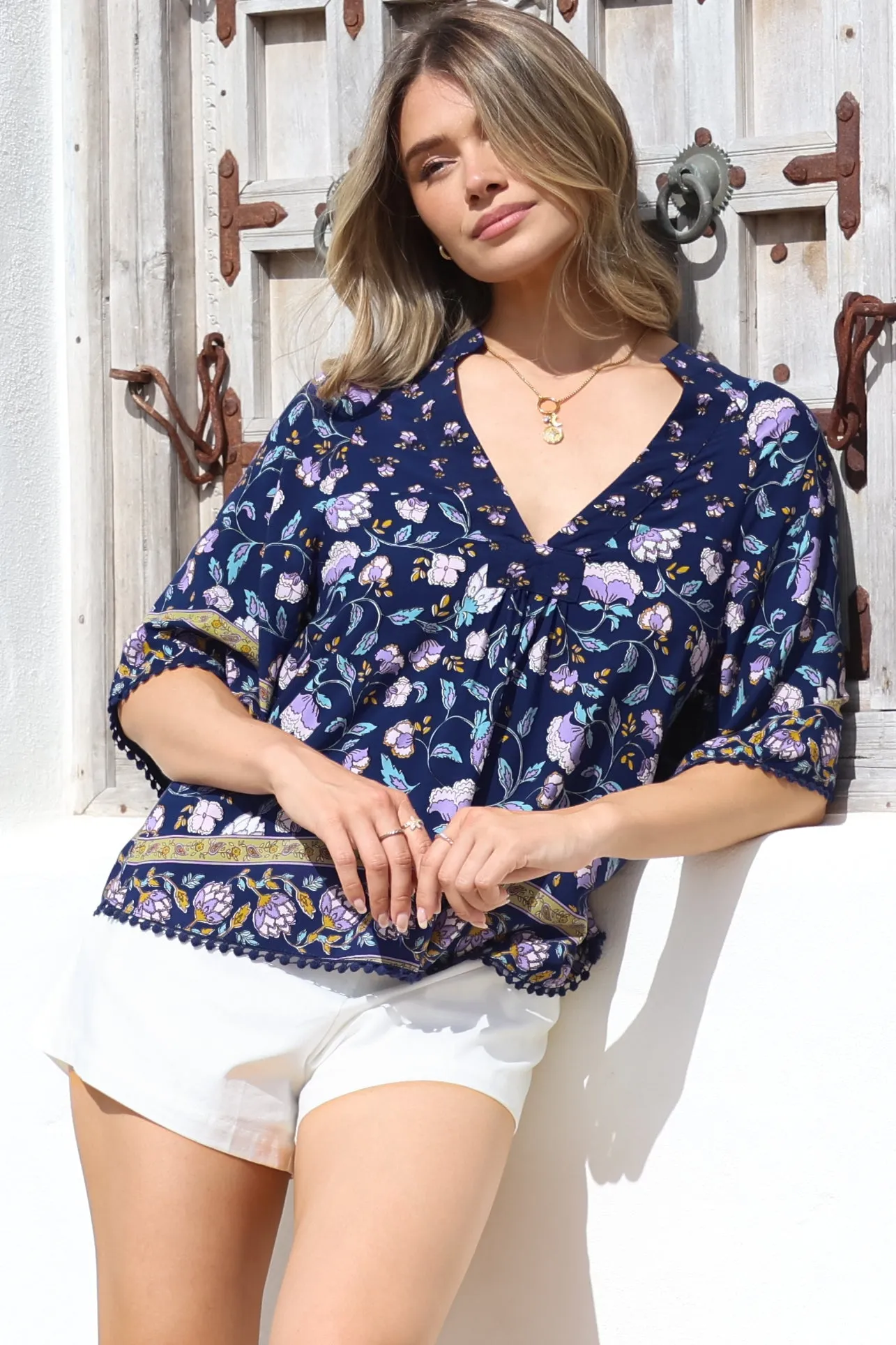Gabriella Top - Mandarin Collar Deep V Neck Crochet Trim Top in Wild Indigo Print sold by Salty Crush product image thumbnail 3