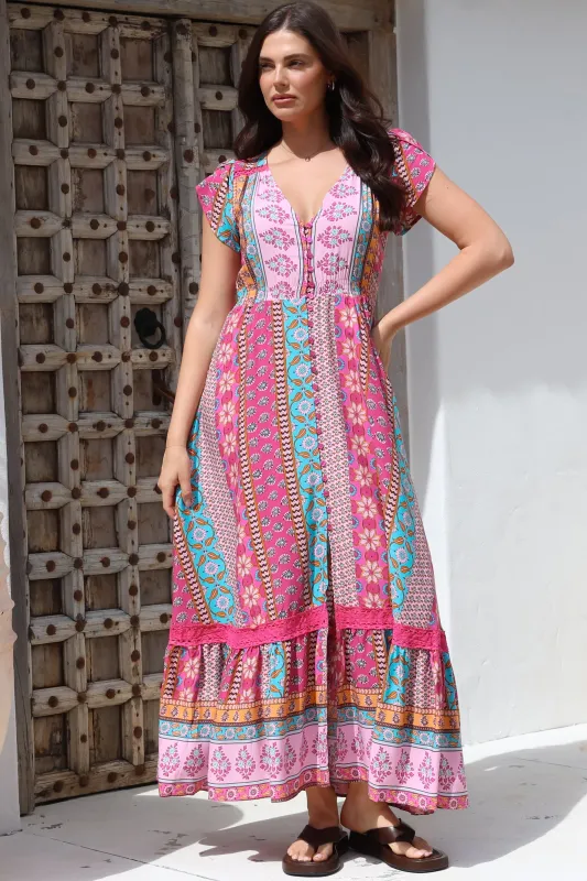 JAASE - Carmen Maxi Dress: Butterfly Cap Sleeve Button Down A Line Dress with Lace Trim in Cedella Print sold by Salty Crush