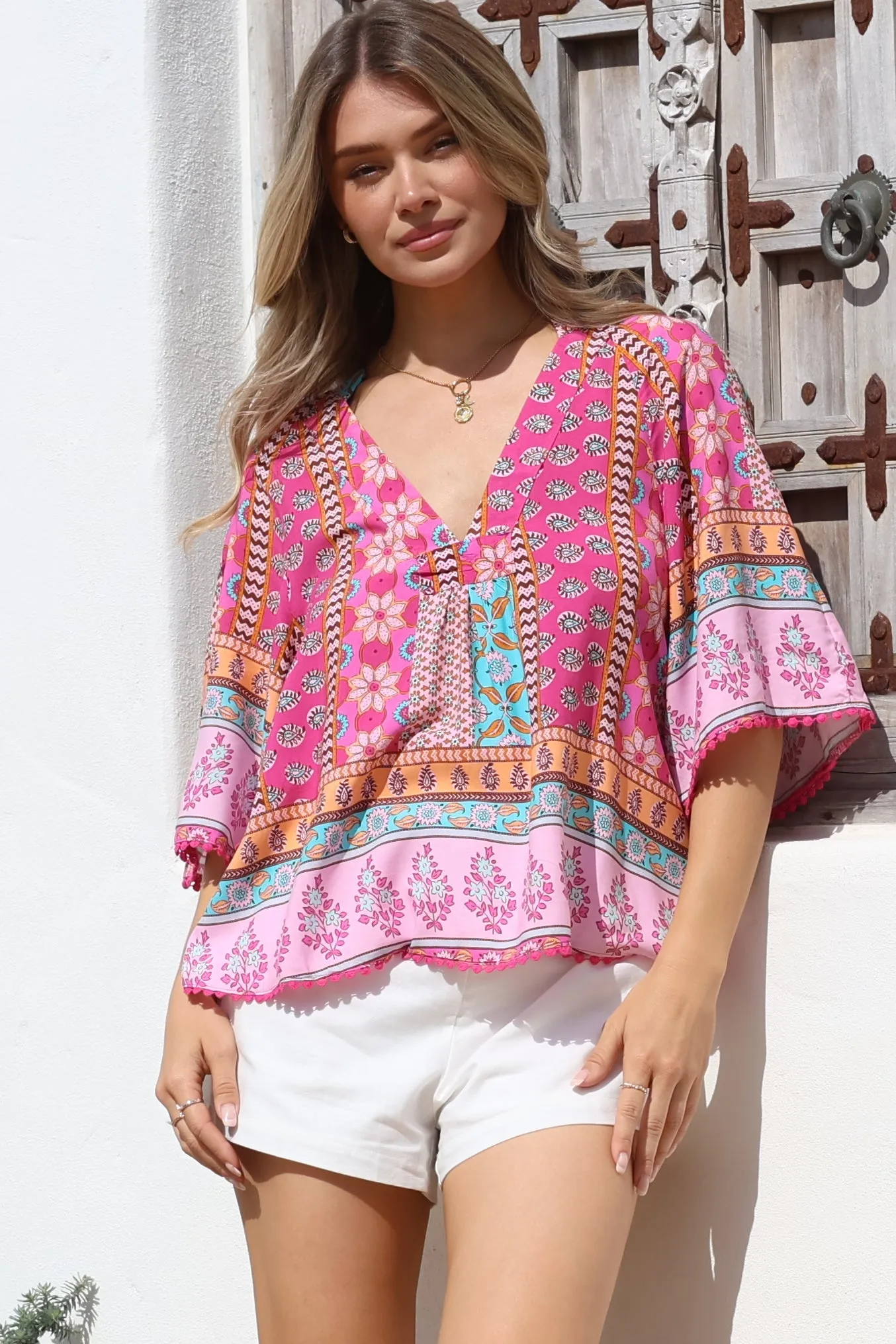 JAASE - Gabriella Top: Mandarin Collar Deep V Neck Crochet Trim Top in Cedella Print sold by Salty Crush product image thumbnail 4