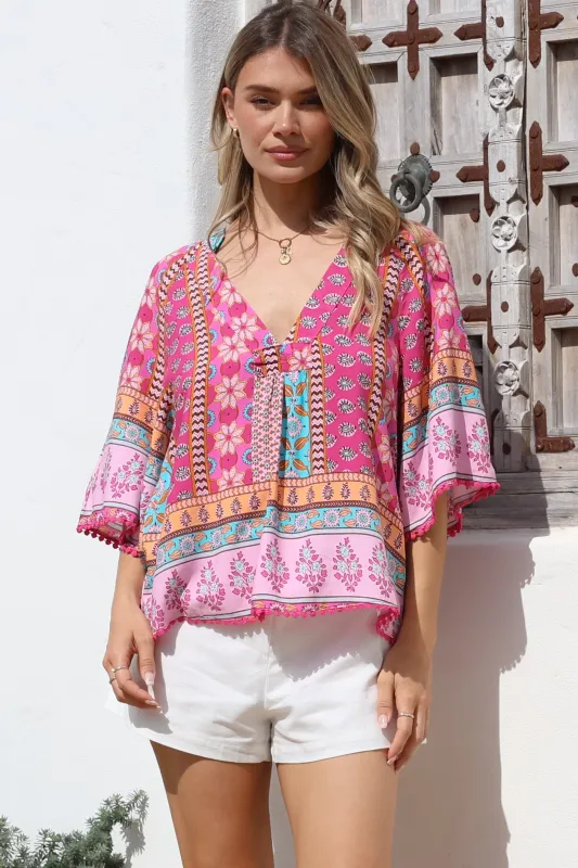 JAASE - Gabriella Top: Mandarin Collar Deep V Neck Crochet Trim Top in Cedella Print sold by Salty Crush