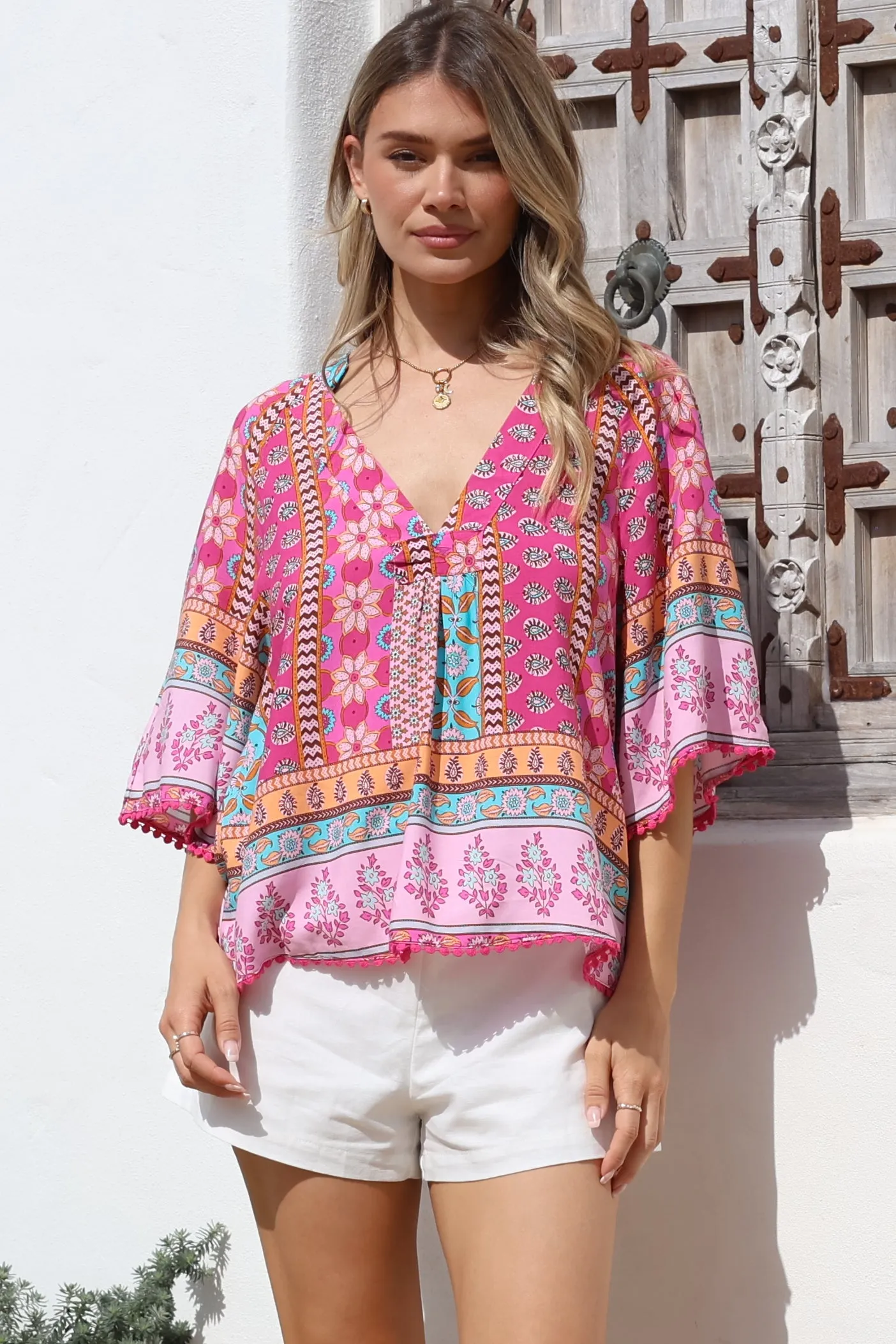 JAASE - Gabriella Top: Mandarin Collar Deep V Neck Crochet Trim Top in Cedella Print sold by Salty Crush