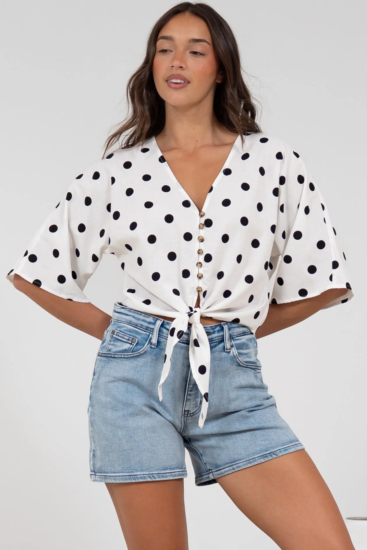 Waverly Top - V-Neck Button Down Top with Tie at Waist in Black Polka Dot Print sold by Salty Crush product image thumbnail 4