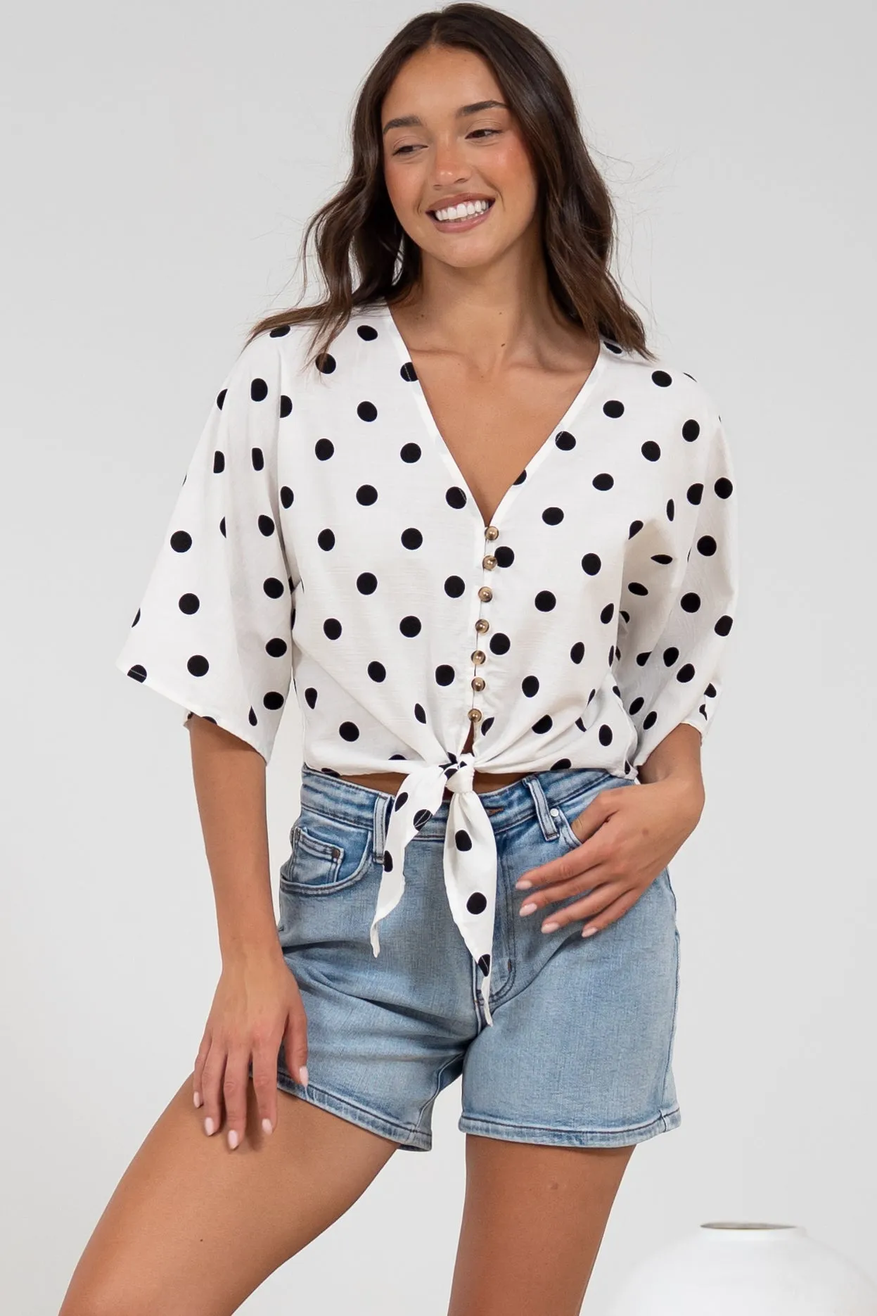 Waverly Top - V-Neck Button Down Top with Tie at Waist in Black Polka Dot Print sold by Salty Crush product image thumbnail 5