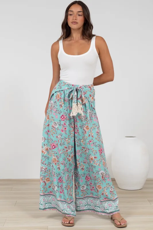 Finlee Pants - Attached Wrap Belt with Tassels Wide Leg Pants in Shirley Print sold by Salty Crush