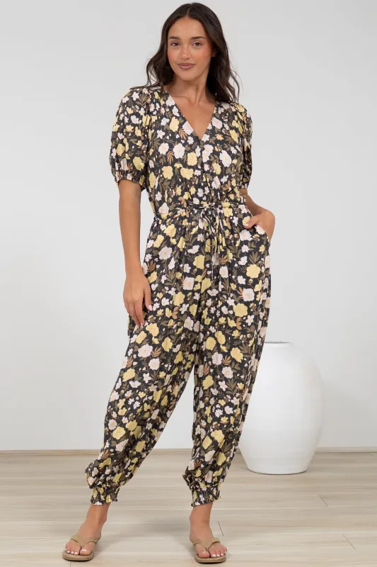 Ashby Jumpsuit - V-Neck Elasticated Leg Cuff Jumpsuit with Pull Tie Waist in Shiloh Print sold by Salty Crush
