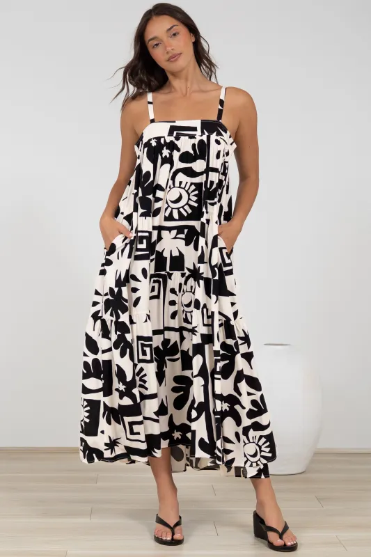 Abegail Midi Dress - Square Neckline Sun Dress in Halsey Print sold by Salty Crush