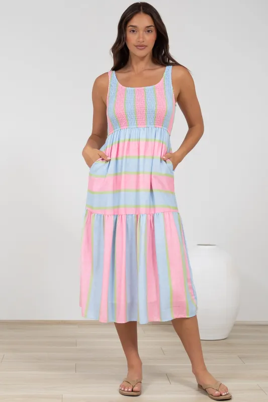 Helio Midi Dress - Elasticated Bodice Tiered Sun Dress in Carnival Stripe Print sold by Salty Crush