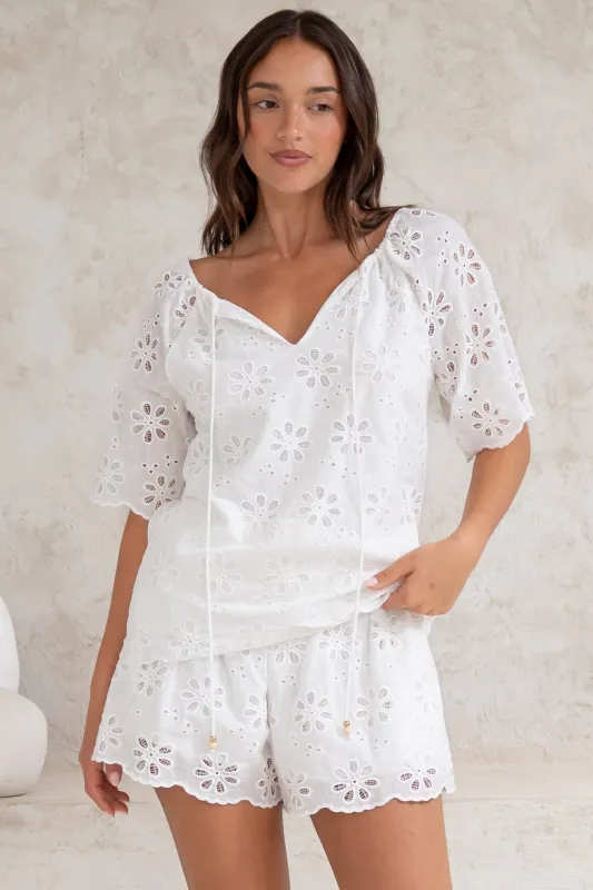 Haruki Top - Embroidered Short Sleeve Top with Scallop Hemlines in White sold by Salty Crush