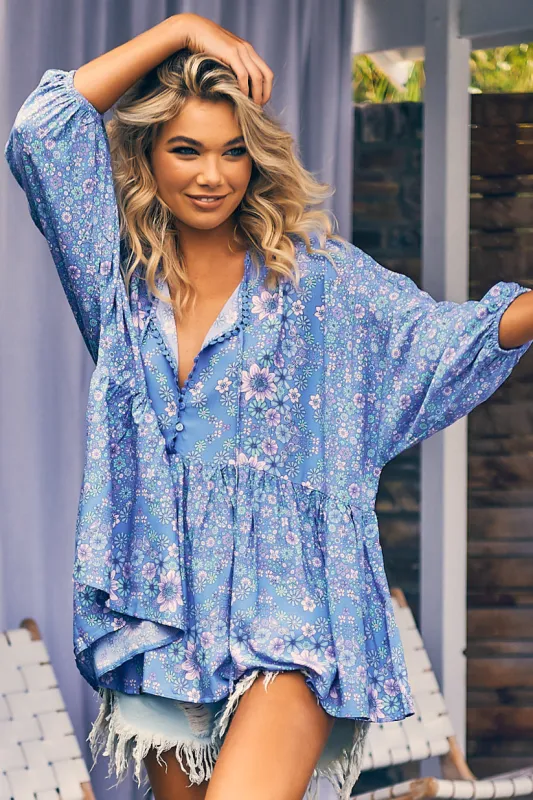 JAASE - Chloe Top: Very Oversized Crochet Trim Neckline Smock Top in Butterfly Fields Print sold by Salty Crush