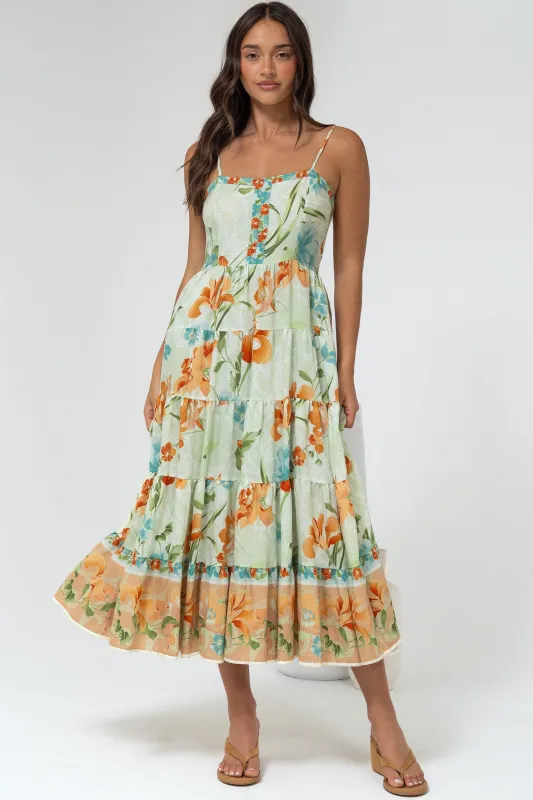 Raya Midi Dress - Adjustable Strap Tiered Sun Dress in Noriko Print sold by Salty Crush
