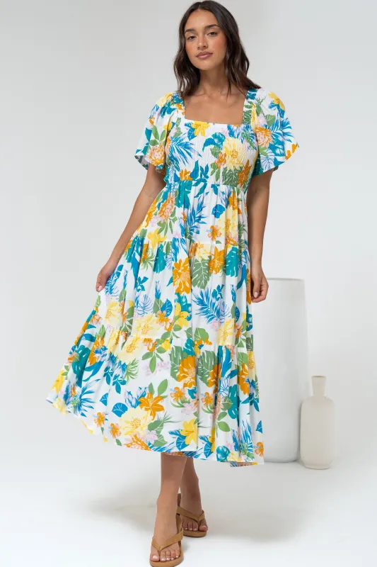 Lalita Midi Dress - Elasticated Bodice A-Line Dress with Flutter Sleeves in Mizuki Print sold by Salty Crush
