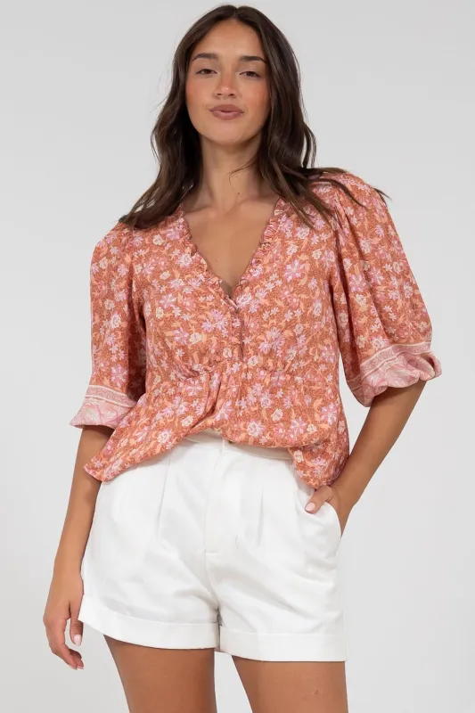Celine Top - Ruffle Trim Pull Over with 3/4 Sleeves in Diantha Print sold by Salty Crush