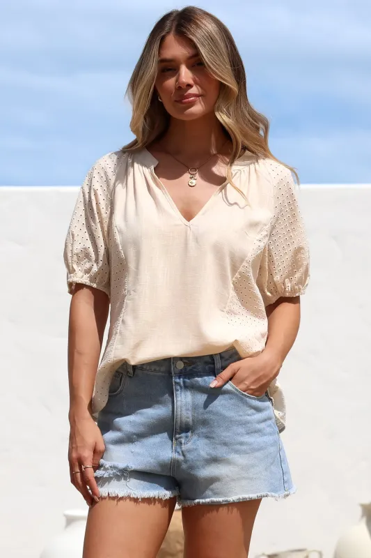 Geneva Top - Mandarin Neck Relaxed Top with Cut Out Detailing in Cream sold by Salty Crush