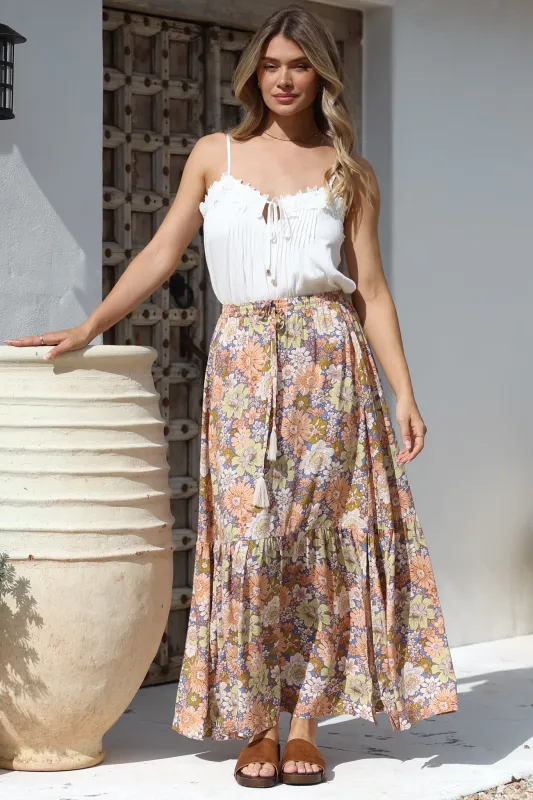 Zia Maxi Skirt - High Waisted Skirt with Tassel Waist Tie and Front Splits in Avianna Print sold by Salty Crush