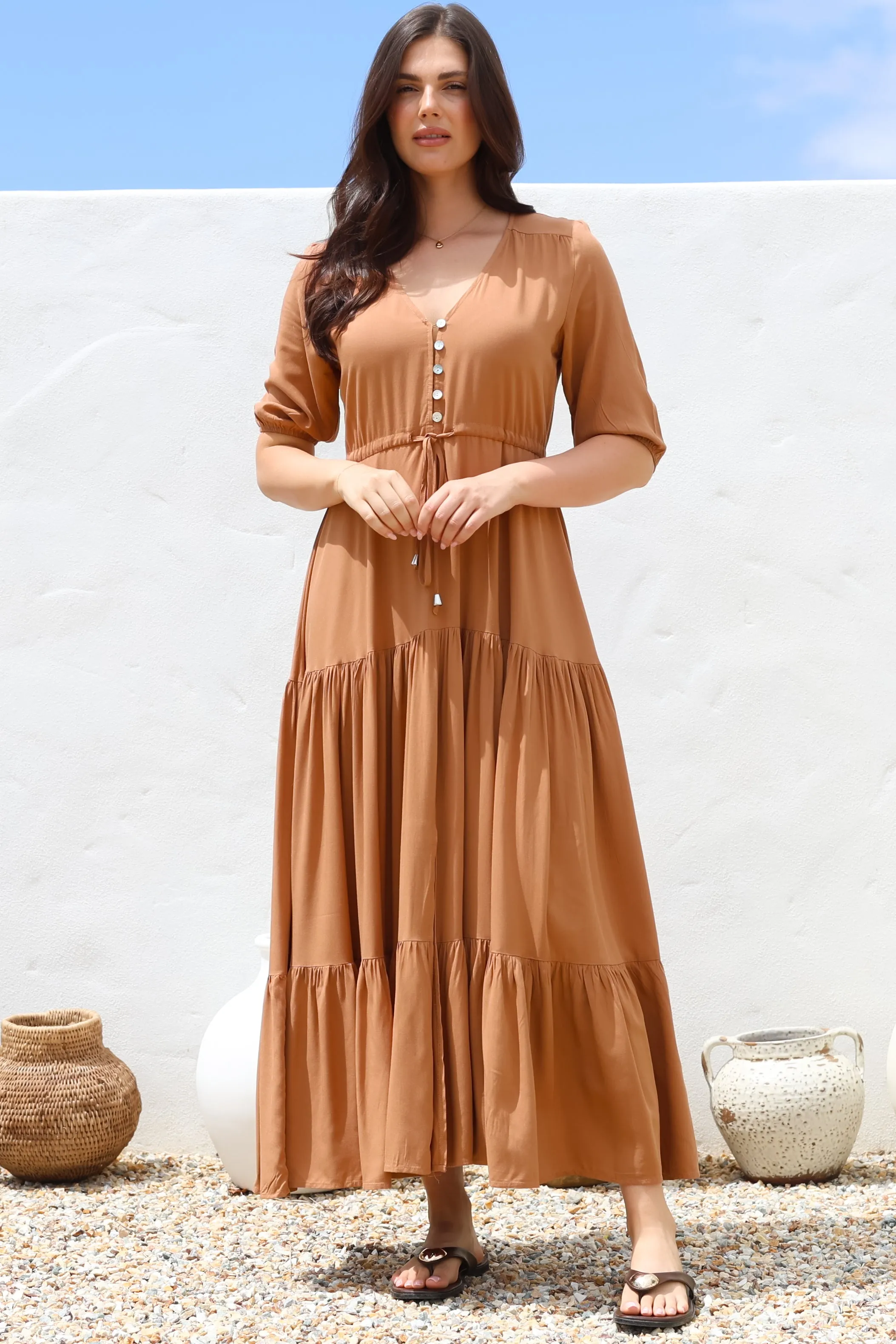 Rachel Maxi Dress - V-Neck 3/4 Sleeve Pull Tie Waist Tiered Dress in Tan sold by Salty Crush product image thumbnail 4
