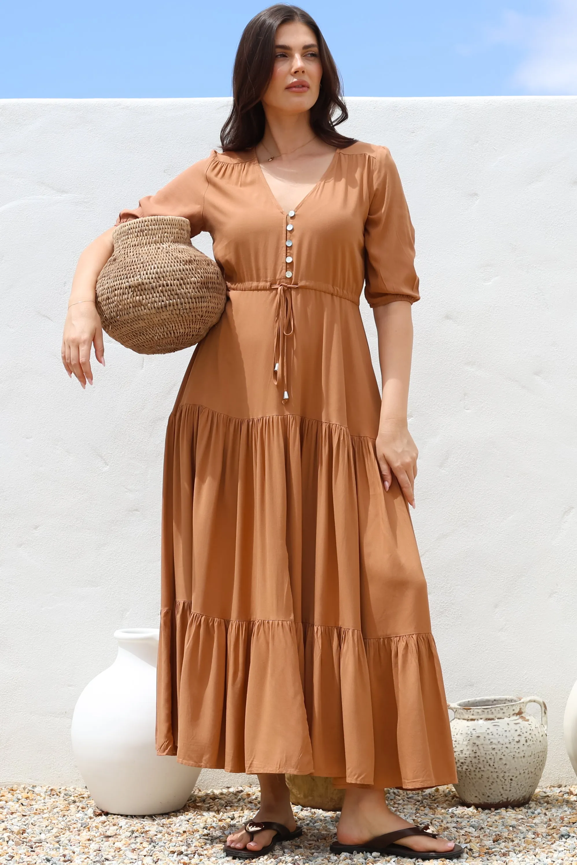 Rachel Maxi Dress - V-Neck 3/4 Sleeve Pull Tie Waist Tiered Dress in Tan sold by Salty Crush