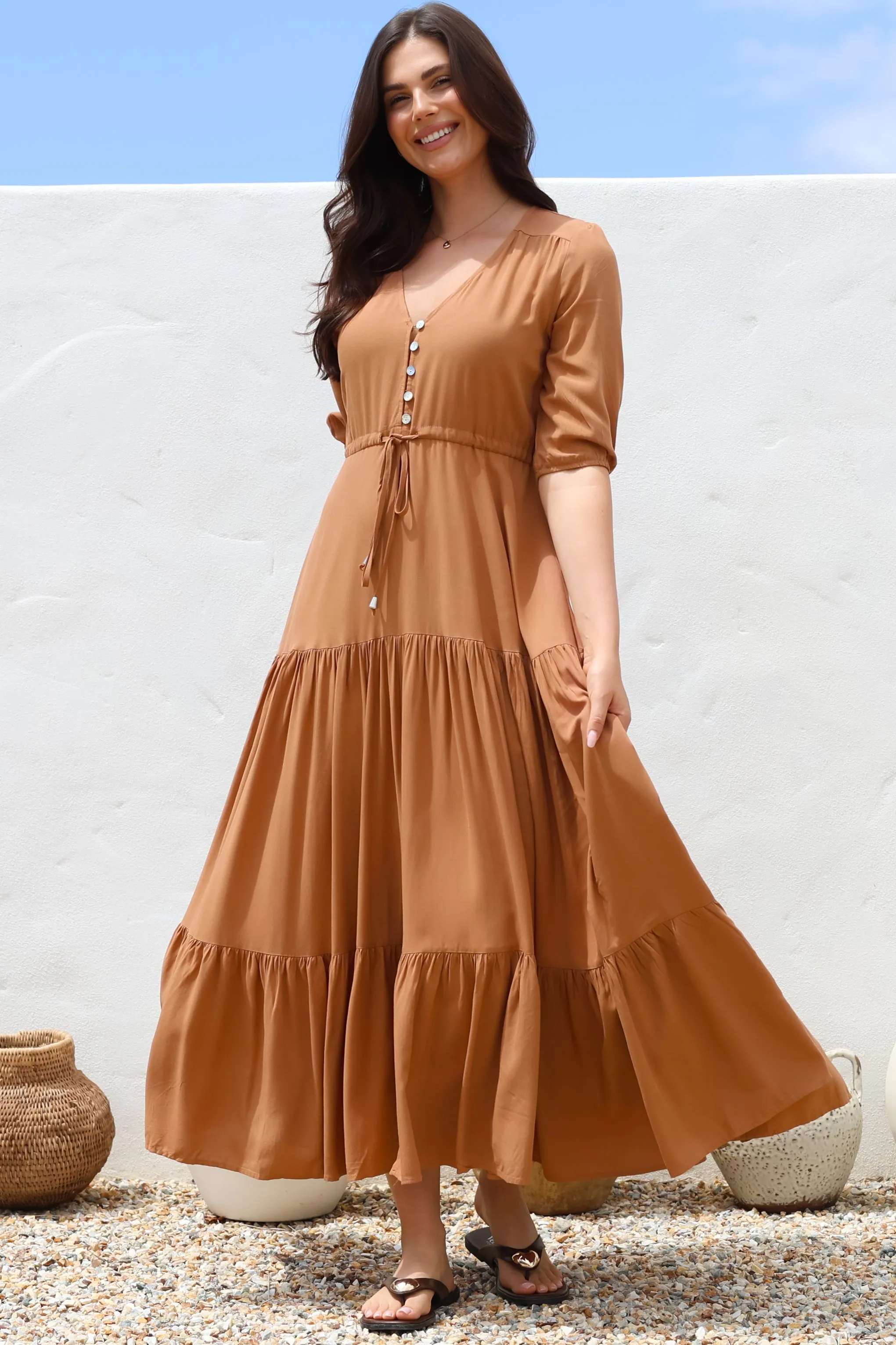 Rachel Maxi Dress - V-Neck 3/4 Sleeve Pull Tie Waist Tiered Dress in Tan sold by Salty Crush product image thumbnail 3
