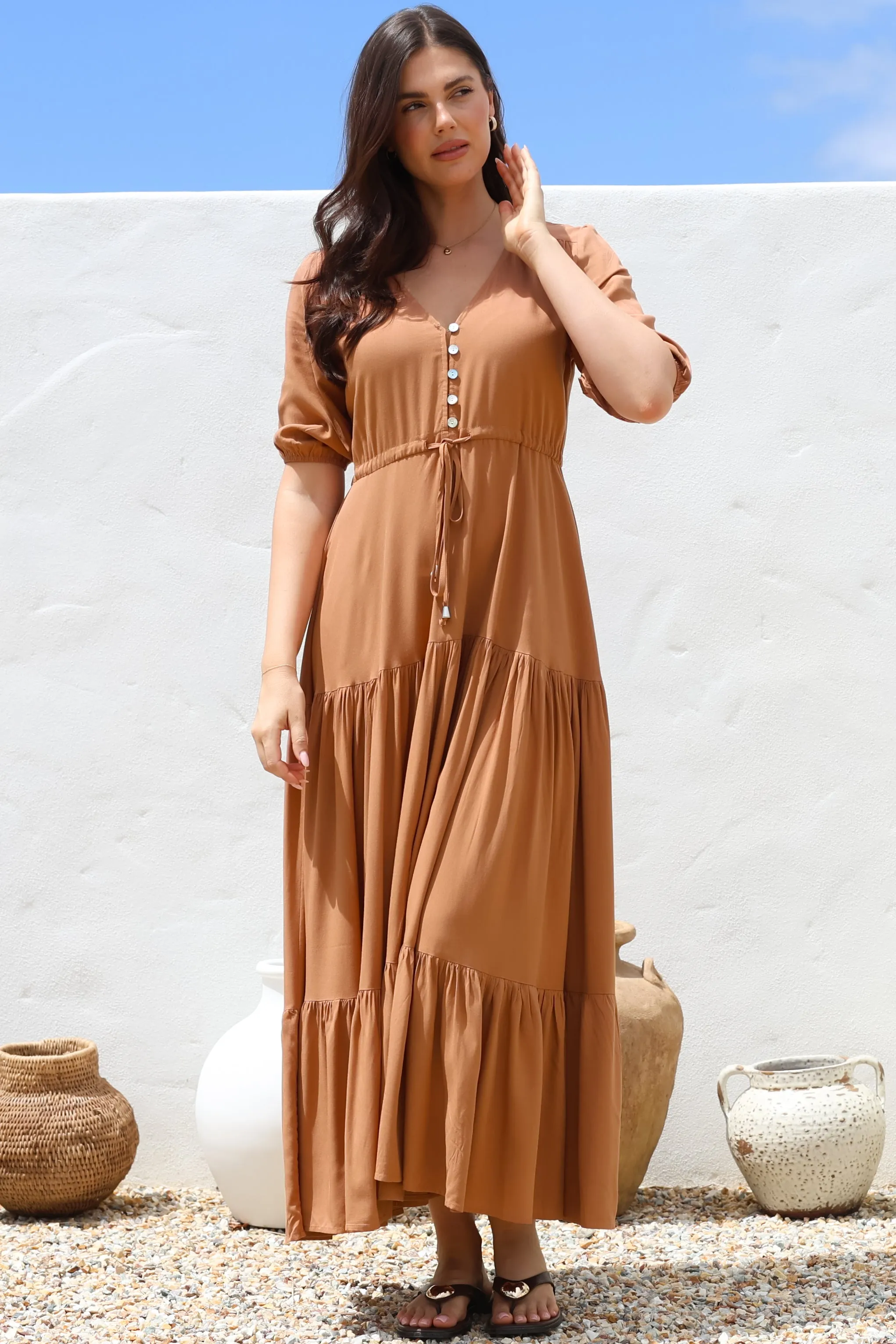 Rachel Maxi Dress - V-Neck 3/4 Sleeve Pull Tie Waist Tiered Dress in Tan sold by Salty Crush product image thumbnail 2