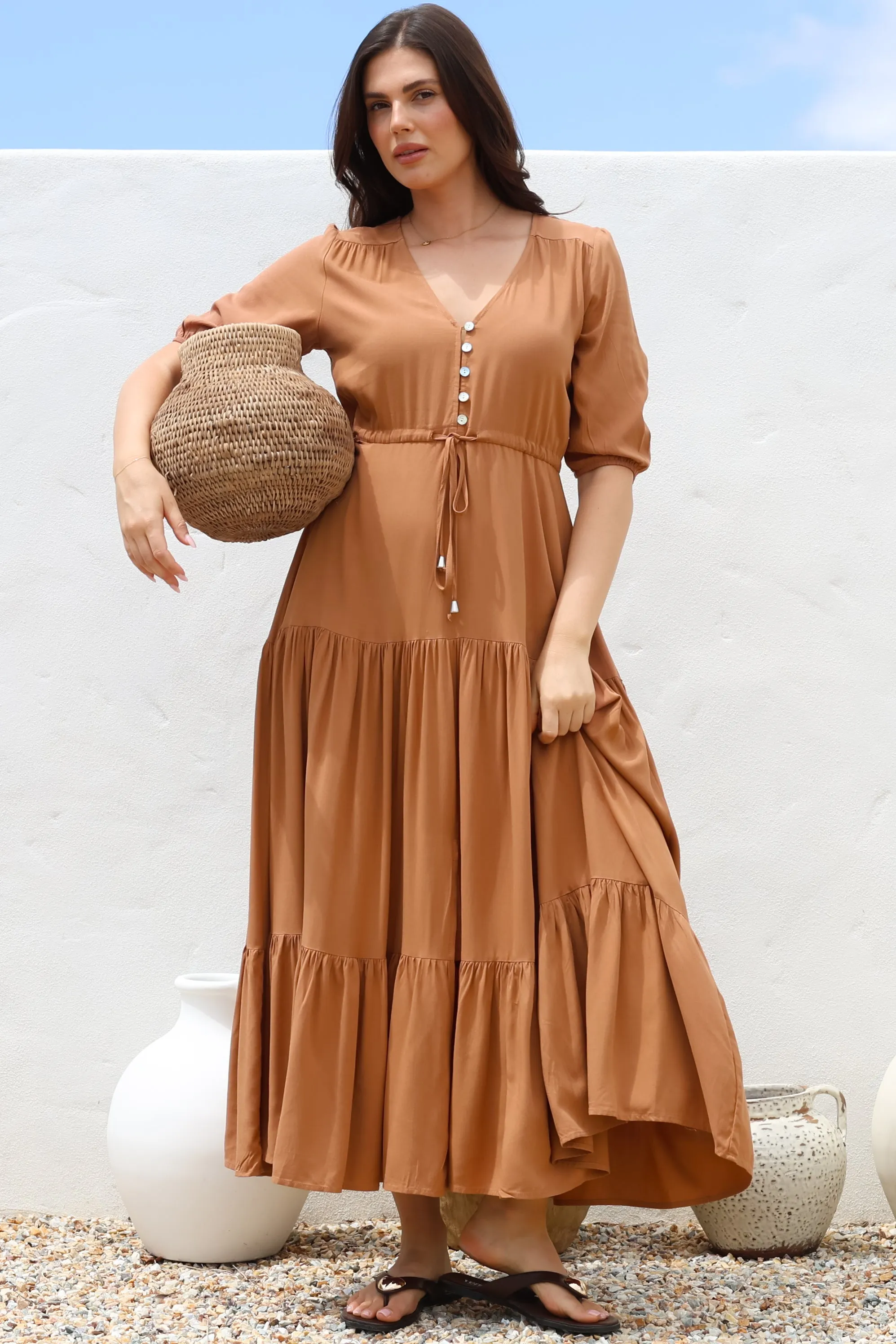 Rachel Maxi Dress - V-Neck 3/4 Sleeve Pull Tie Waist Tiered Dress in Tan sold by Salty Crush product image thumbnail 5