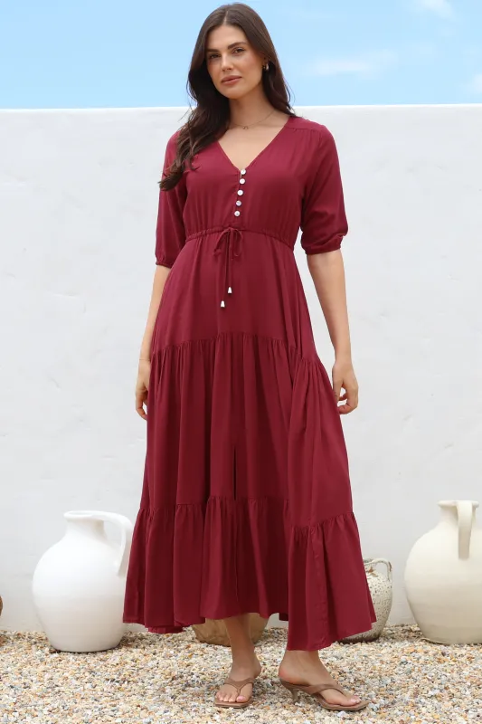 Rachel Maxi Dress - V-Neck 3/4 Sleeve Pull Tie Waist Tiered Dress in Wine sold by Salty Crush