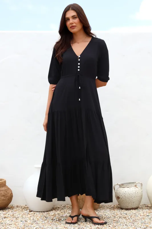 Rachel Maxi Dress - V-Neck 3/4 Sleeve Pull Tie Waist Tiered Dress in Black sold by Salty Crush