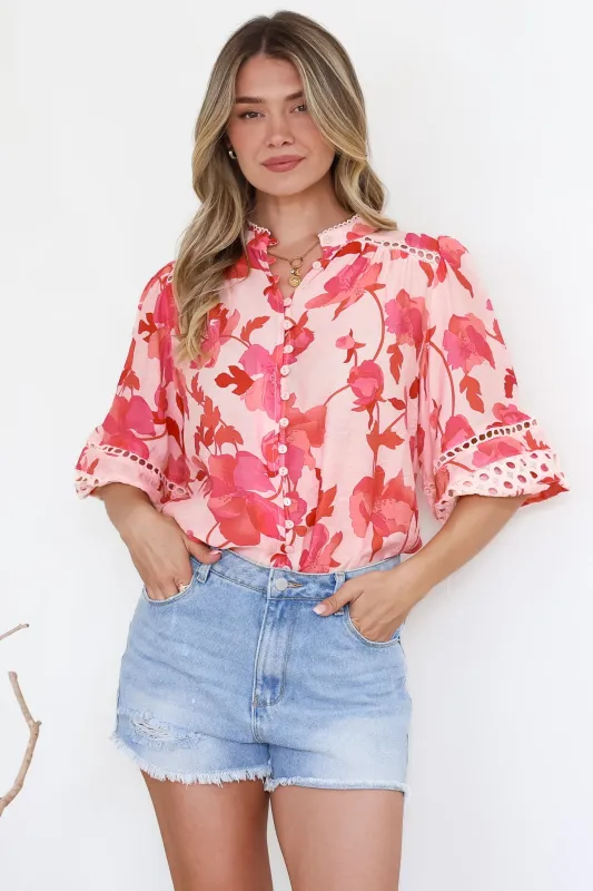 Alyce Shirt  - Mandarin Collar Cut Out Detailed Sleeve Button Down in Larissa Print sold by Salty Crush