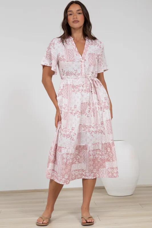 Sharni Midi Dress - V-Neck Shift Dress with Waist Tie in Hilton Print Pink sold by Salty Crush