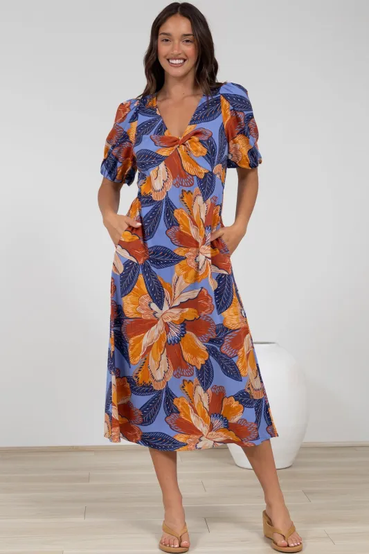 Brie Midi Dress - V-Neck Empire Line Dress with Pockets in Bittersweet Print sold by Salty Crush