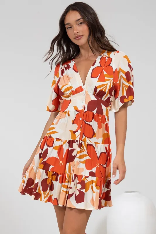 Sana Mini Dress - Bell Sleeve Button Down V Neck Dress in Tangie Print sold by Salty Crush