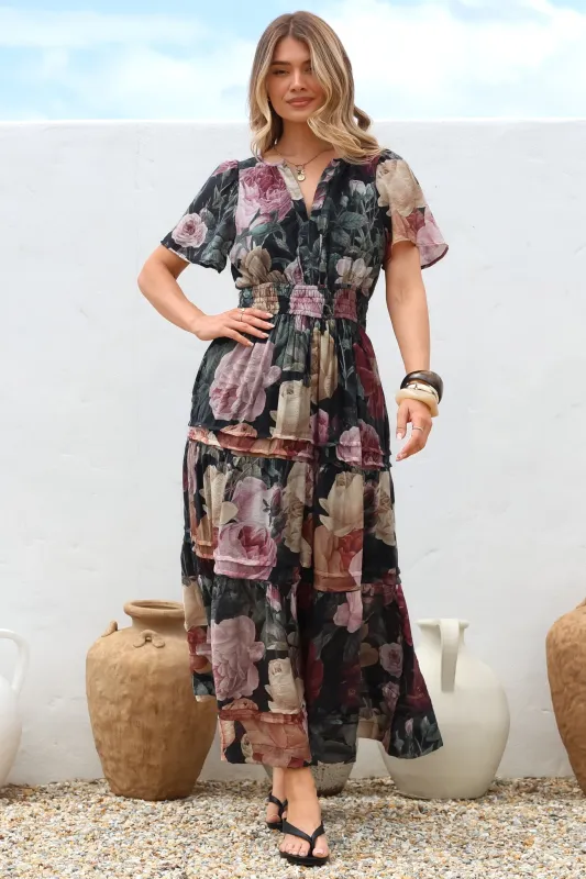 Payton Maxi Dress - Pleat Detailed A-Line Dress with Cap Flutter Sleeves in Annalisa Print sold by Salty Crush