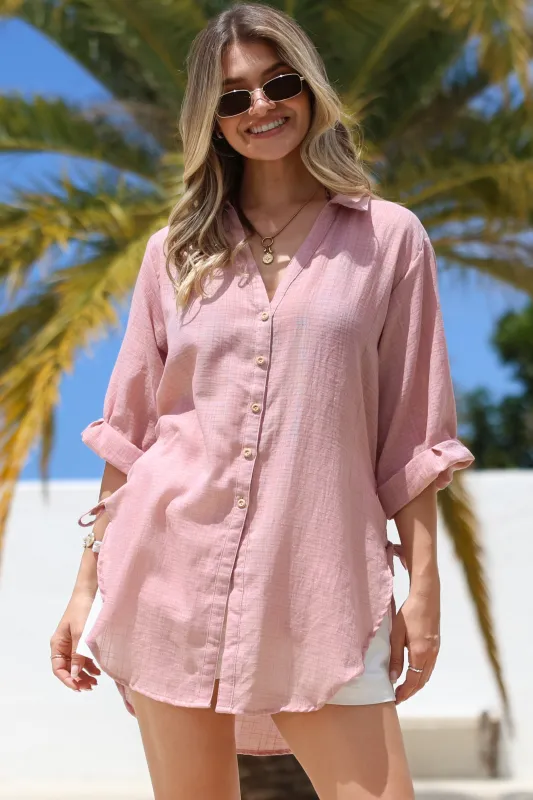 Corina Shirt - Relaxed Button Down Shirt with Sun Hollow-Out Back Decal in Blush sold by Salty Crush