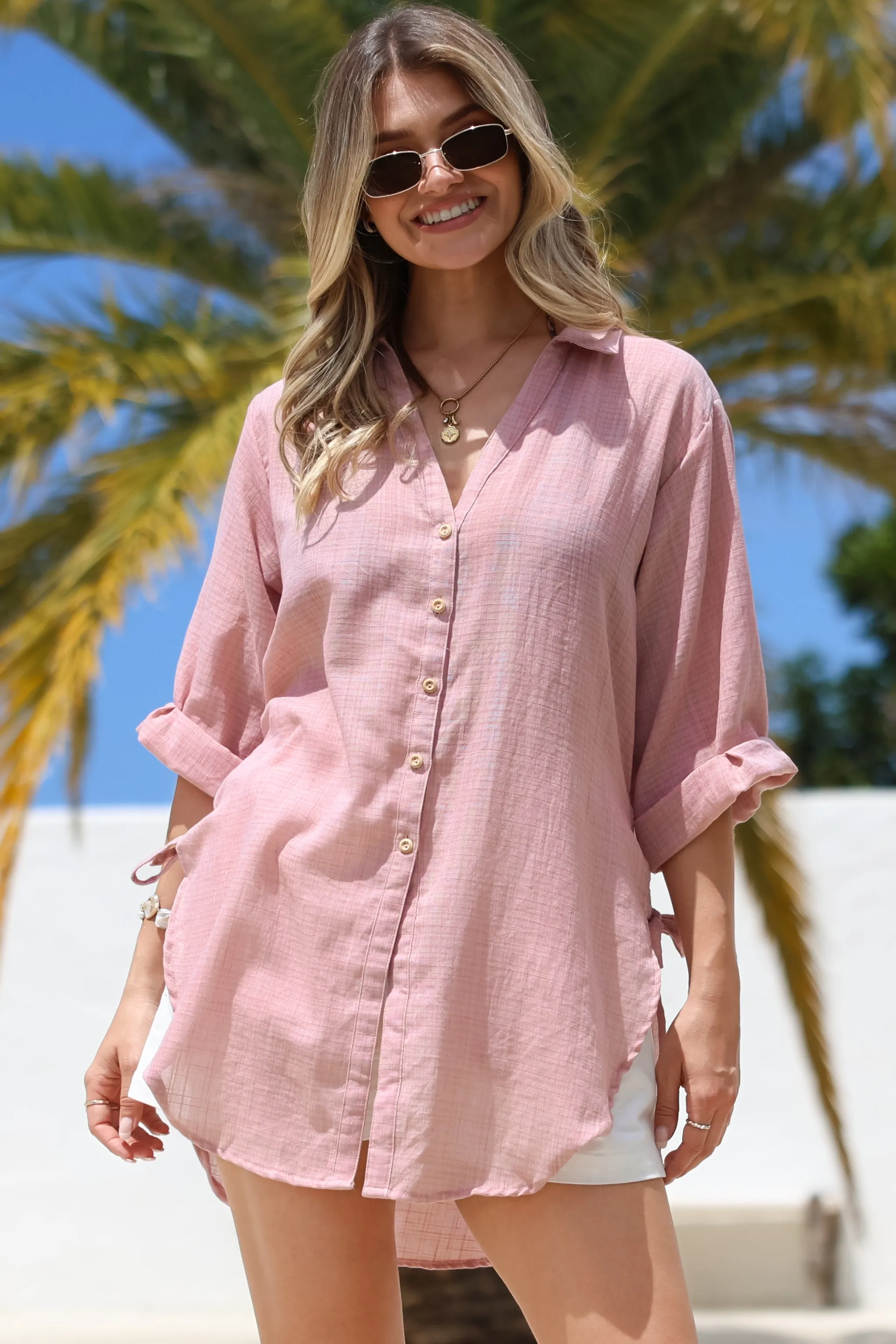Corina Shirt - Relaxed Button Down Shirt with Sun Hollow-Out Back Decal in Blush sold by Salty Crush