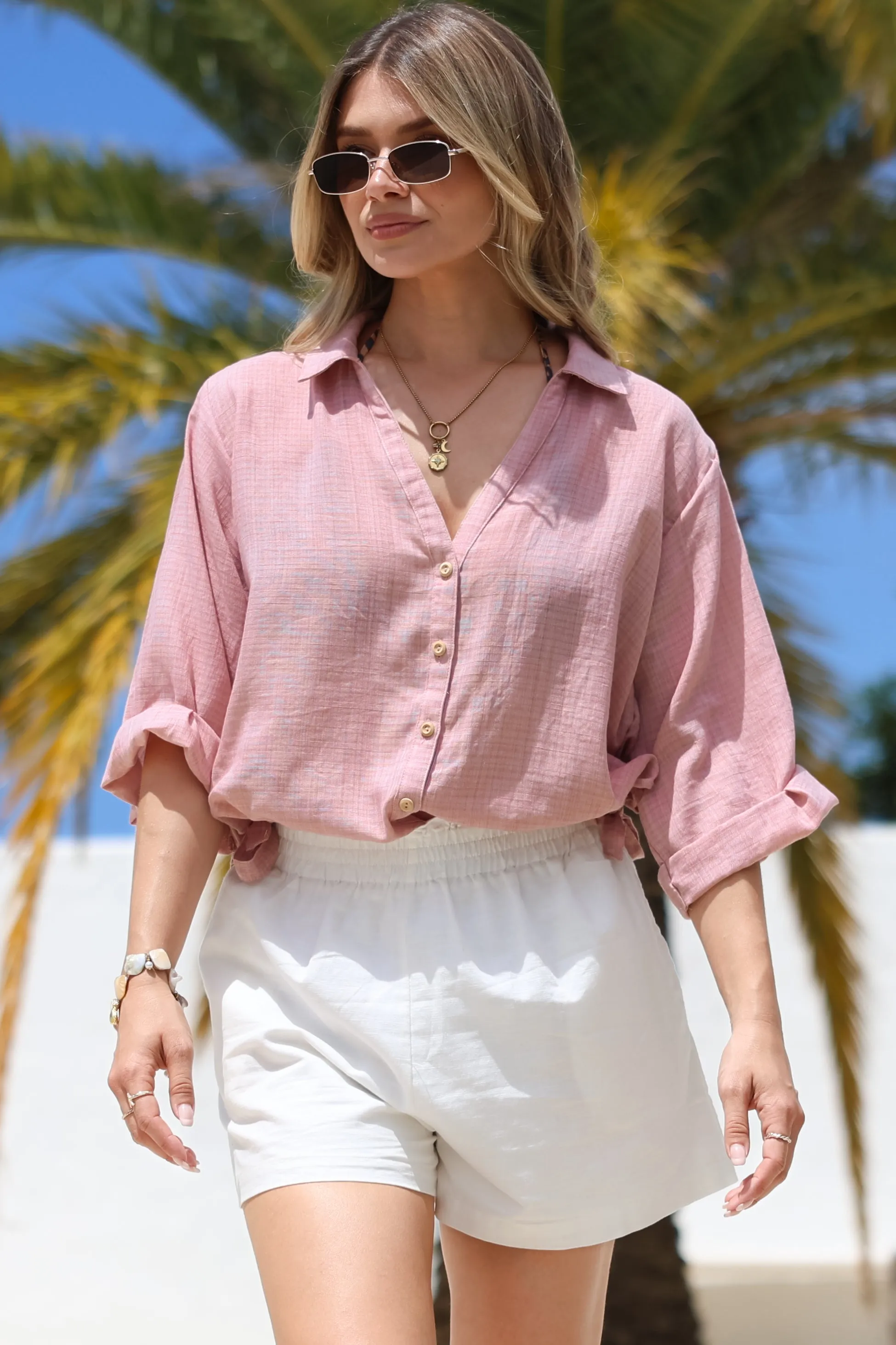 Corina Shirt - Relaxed Button Down Shirt with Sun Hollow-Out Back Decal in Blush sold by Salty Crush product image thumbnail 3