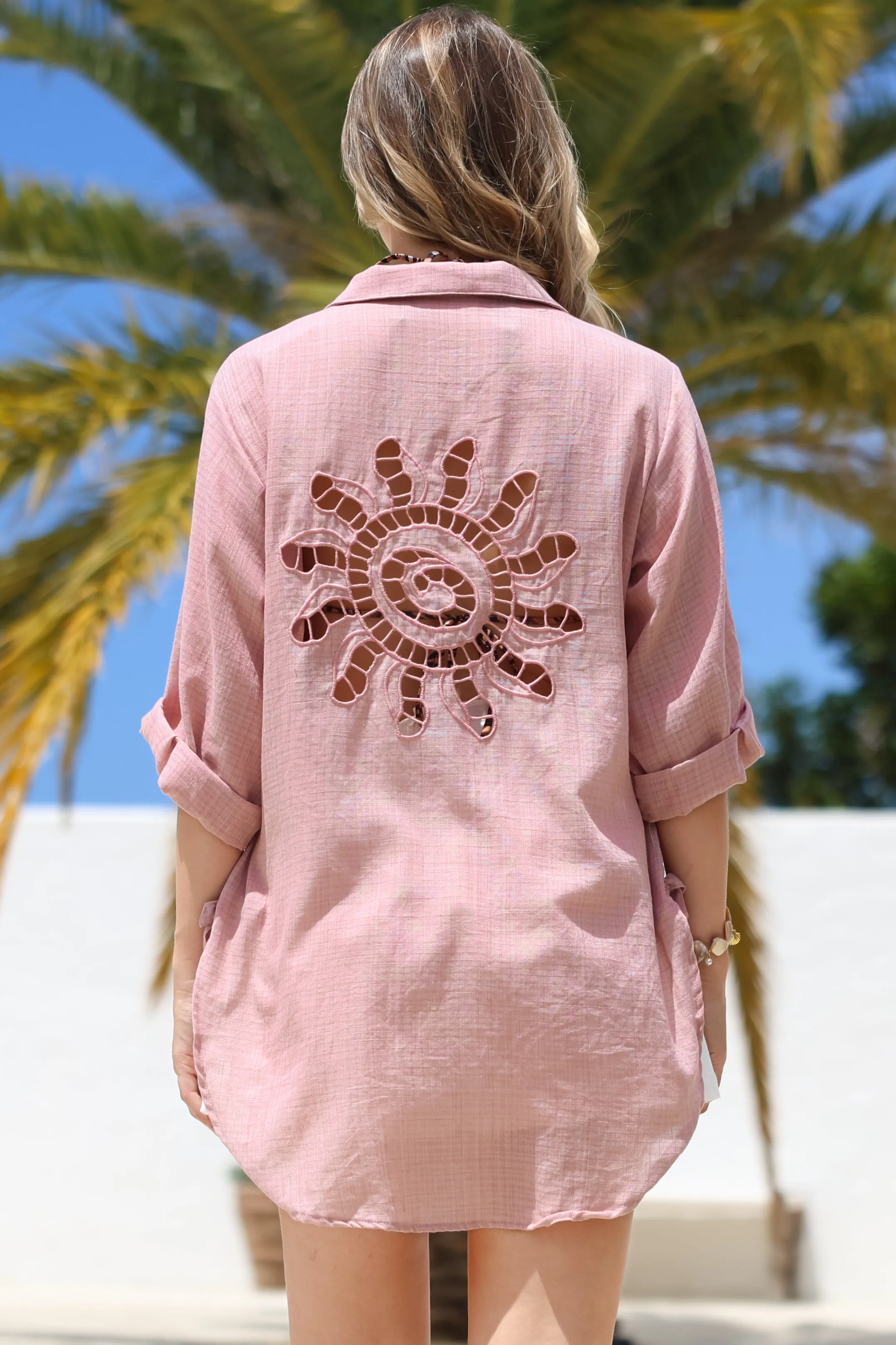 Corina Shirt - Relaxed Button Down Shirt with Sun Hollow-Out Back Decal in Blush sold by Salty Crush product image thumbnail 2