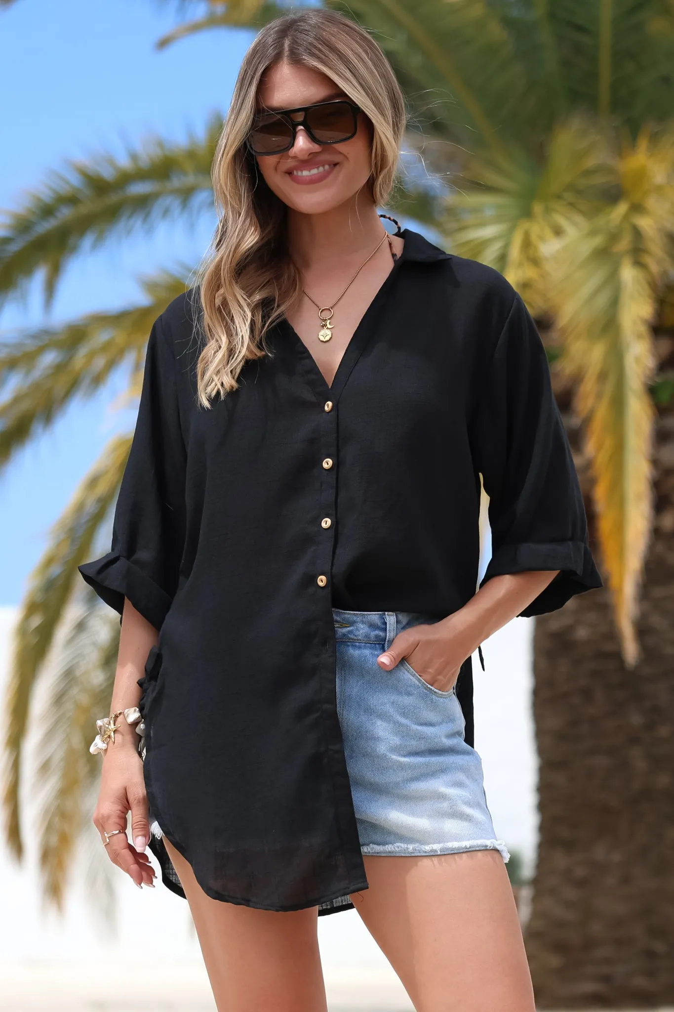 Corina Shirt - Relaxed Button Down Shirt with Sun Hollow-Out Back Decal in Black sold by Salty Crush product image thumbnail 3