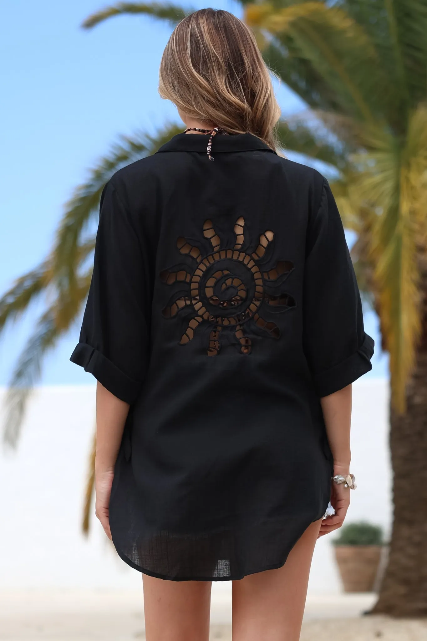 Corina Shirt - Relaxed Button Down Shirt with Sun Hollow-Out Back Decal in Black sold by Salty Crush product image thumbnail 2