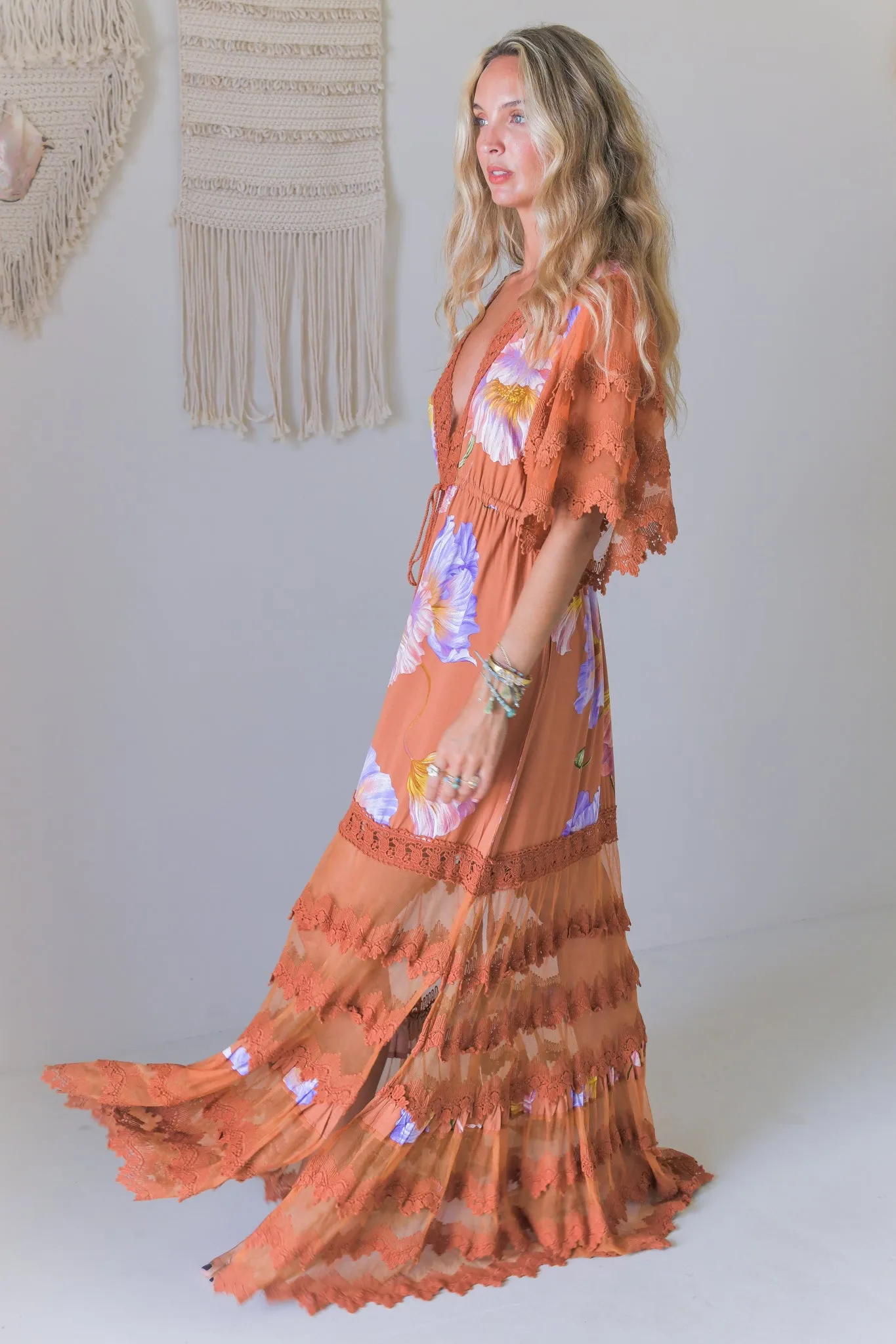 JAASE - Bungalow Maxi Dress: Tiered Lace Deep V Neck Dress with Open Batwing Sleeves in Amara Bloom Print sold by Salty Crush product image thumbnail 4