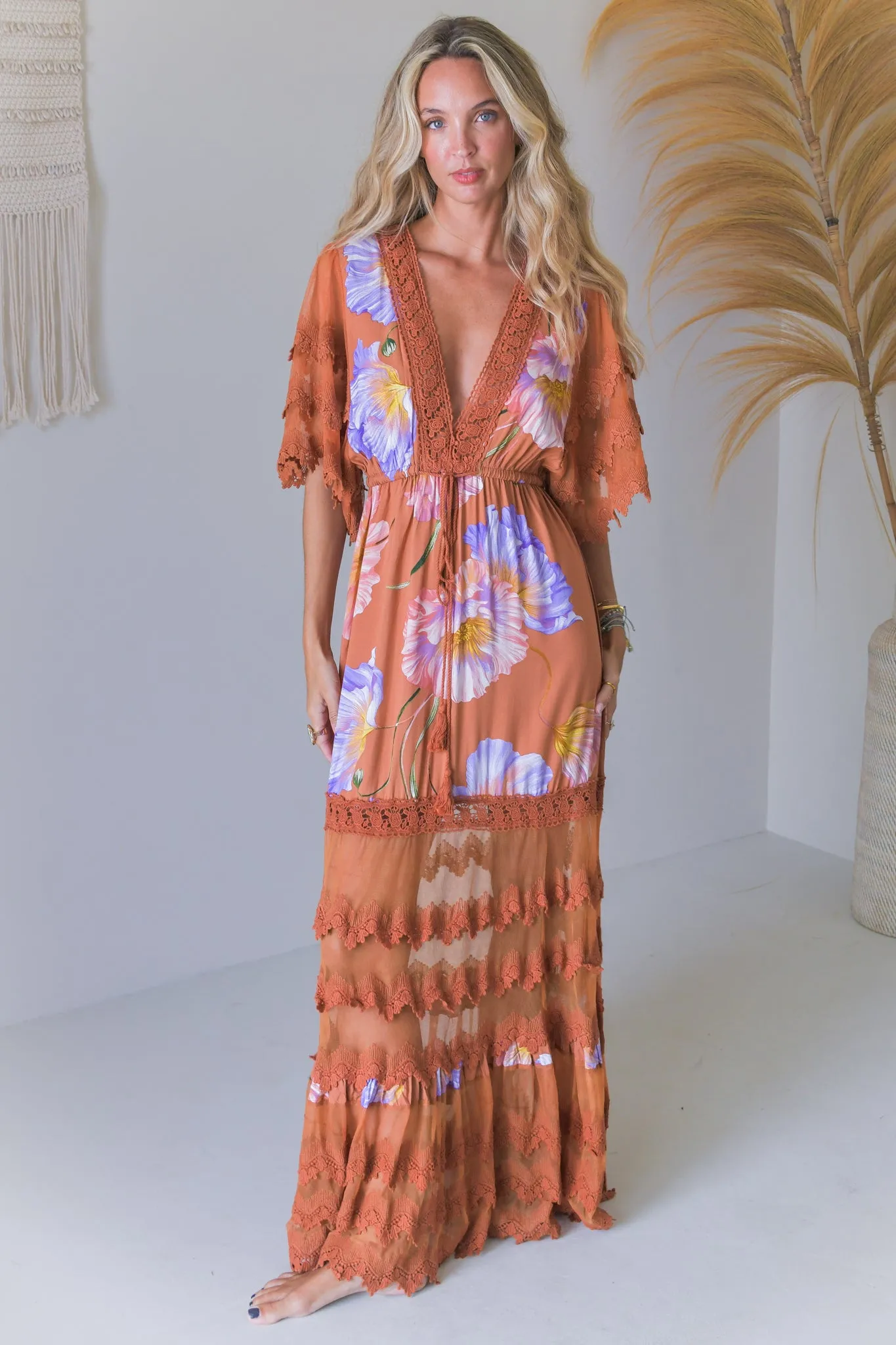 JAASE - Bungalow Maxi Dress: Tiered Lace Deep V Neck Dress with Open Batwing Sleeves in Amara Bloom Print sold by Salty Crush