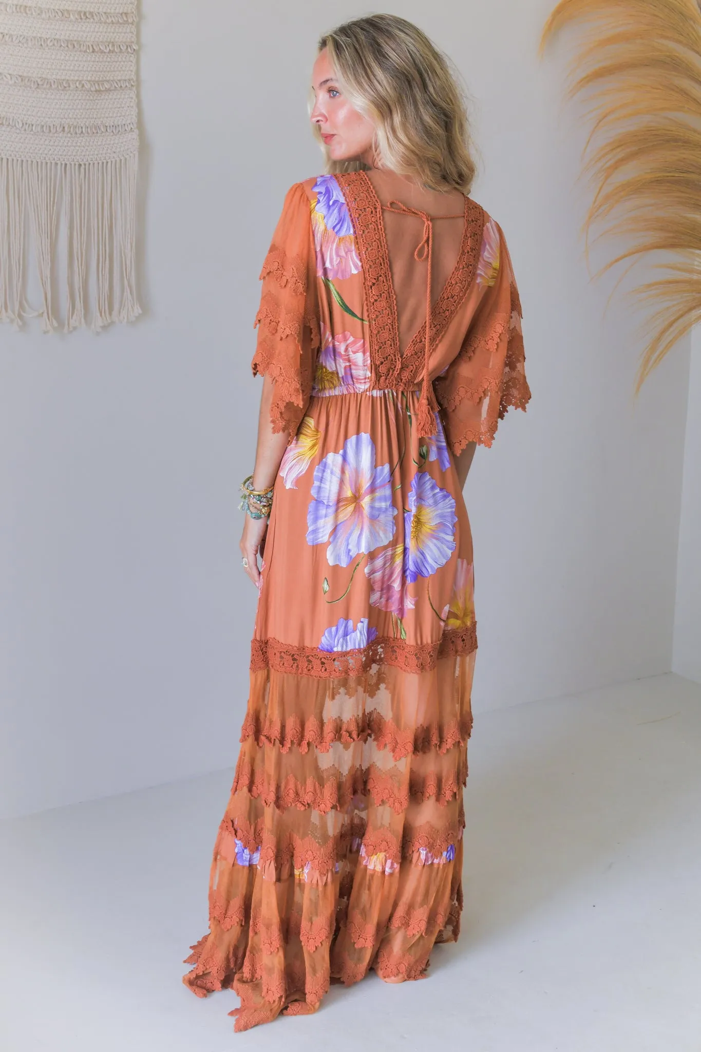 JAASE - Bungalow Maxi Dress: Tiered Lace Deep V Neck Dress with Open Batwing Sleeves in Amara Bloom Print sold by Salty Crush product image thumbnail 5