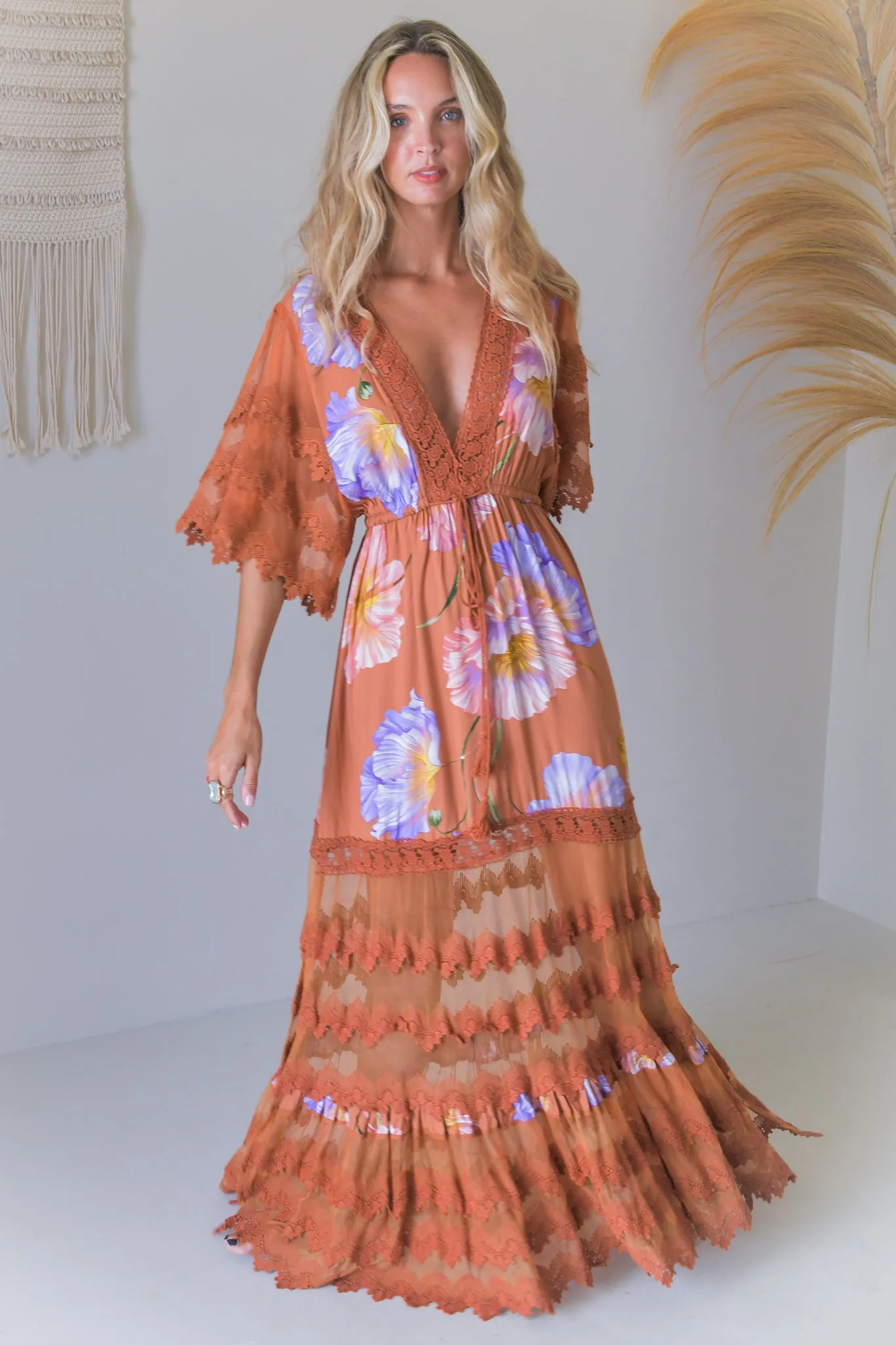 JAASE - Bungalow Maxi Dress: Tiered Lace Deep V Neck Dress with Open Batwing Sleeves in Amara Bloom Print sold by Salty Crush product image thumbnail 2