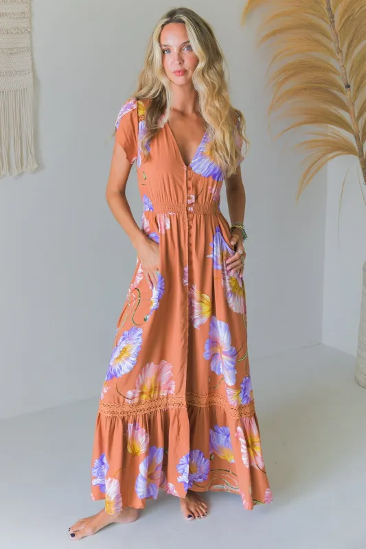 JAASE - Carmen Maxi Dress: Butterfly Cap Sleeve Button Down A Line Dress with Lace Trim in Amara Bloom Print sold by Salty Crush