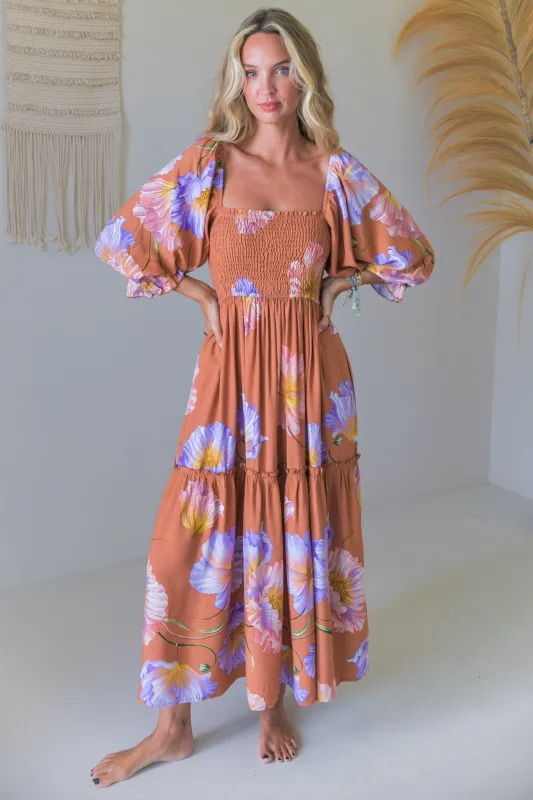 JAASE - Tulli Midi Dress: Shirred Bodice Balloon Sleeve Midi in Amara Bloom Print sold by Salty Crush