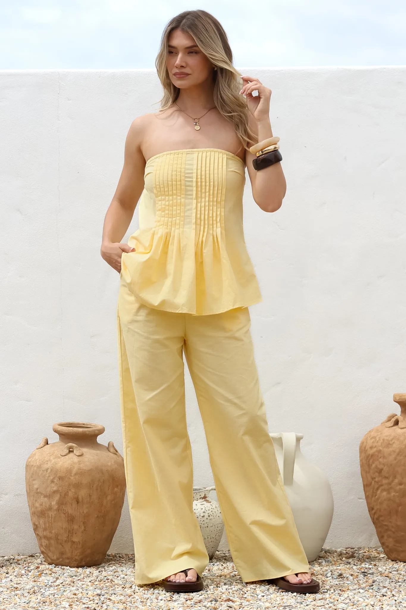 Vanity Two Piece Set - Strapless Pleated Top and Long Pants in Lemon sold by Salty Crush product image thumbnail 3