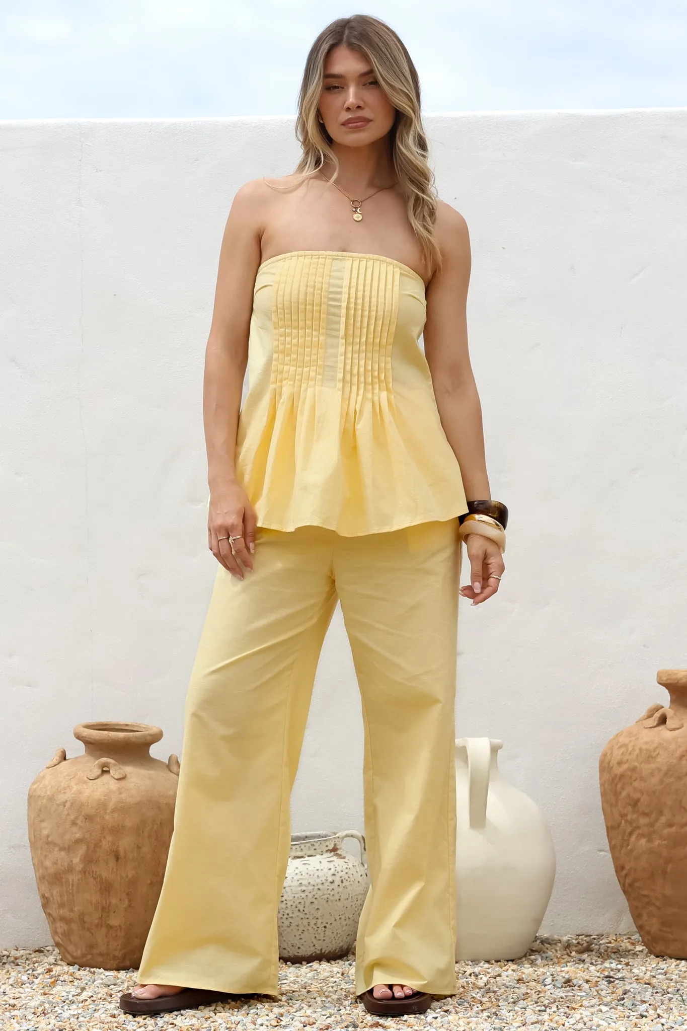 Vanity Two Piece Set - Strapless Pleated Top and Long Pants in Lemon sold by Salty Crush