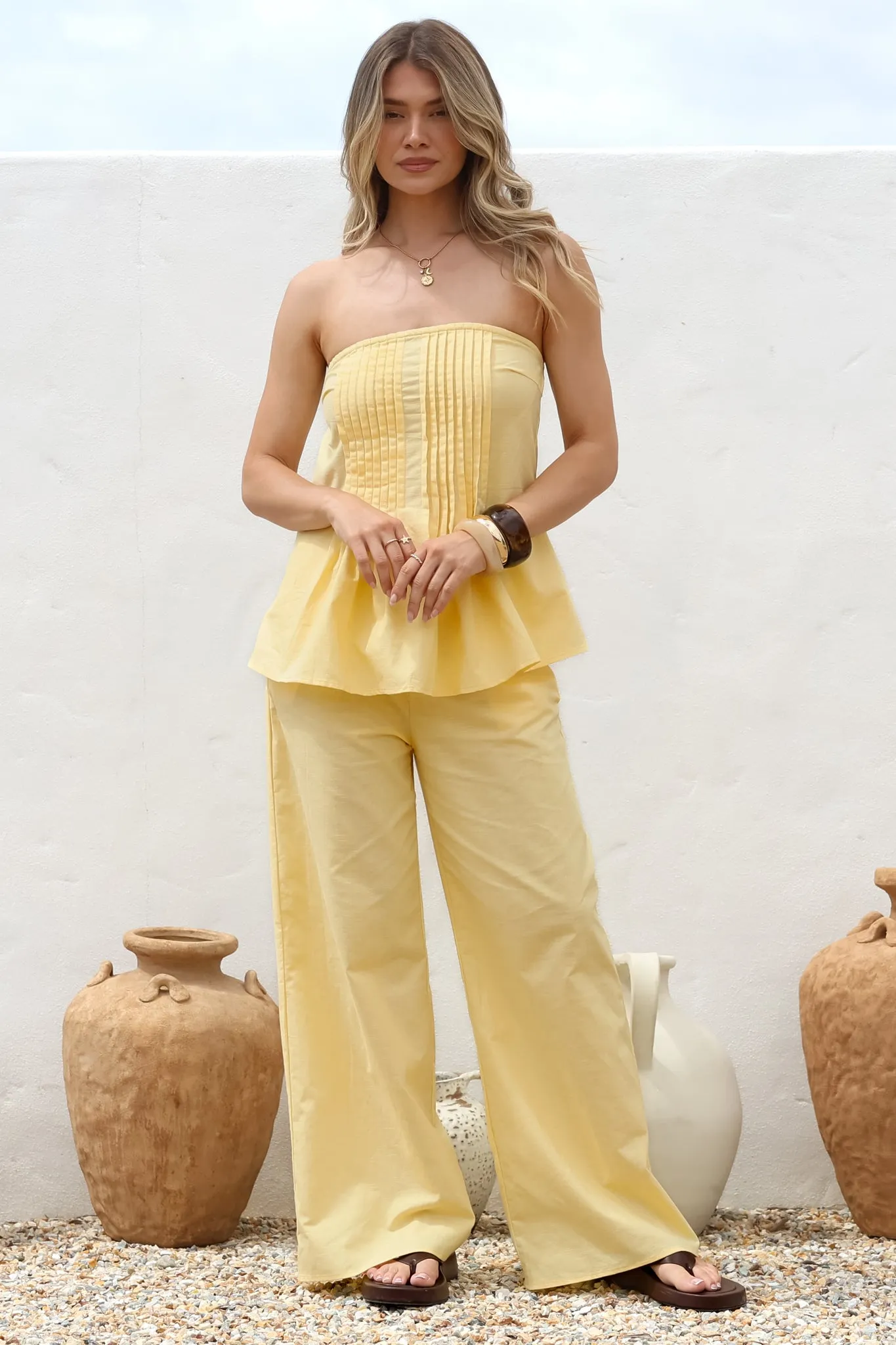 Vanity Two Piece Set - Strapless Pleated Top and Long Pants in Lemon sold by Salty Crush product image thumbnail 5