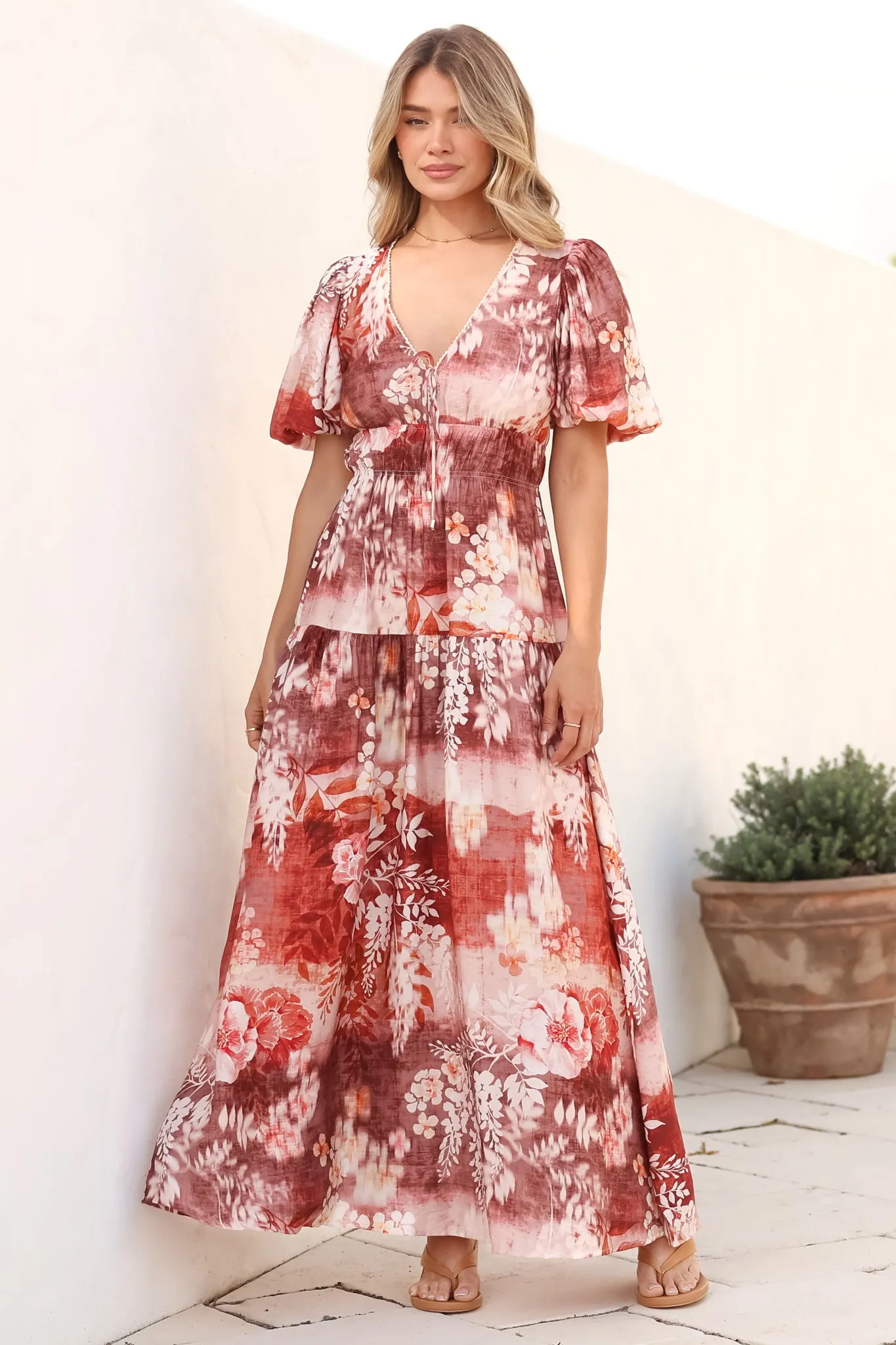 Elahe Maxi Dress - V Neck Tiered A-Line Dress with Puff Sleeves in Ashara Print sold by Salty Crush product image thumbnail 5
