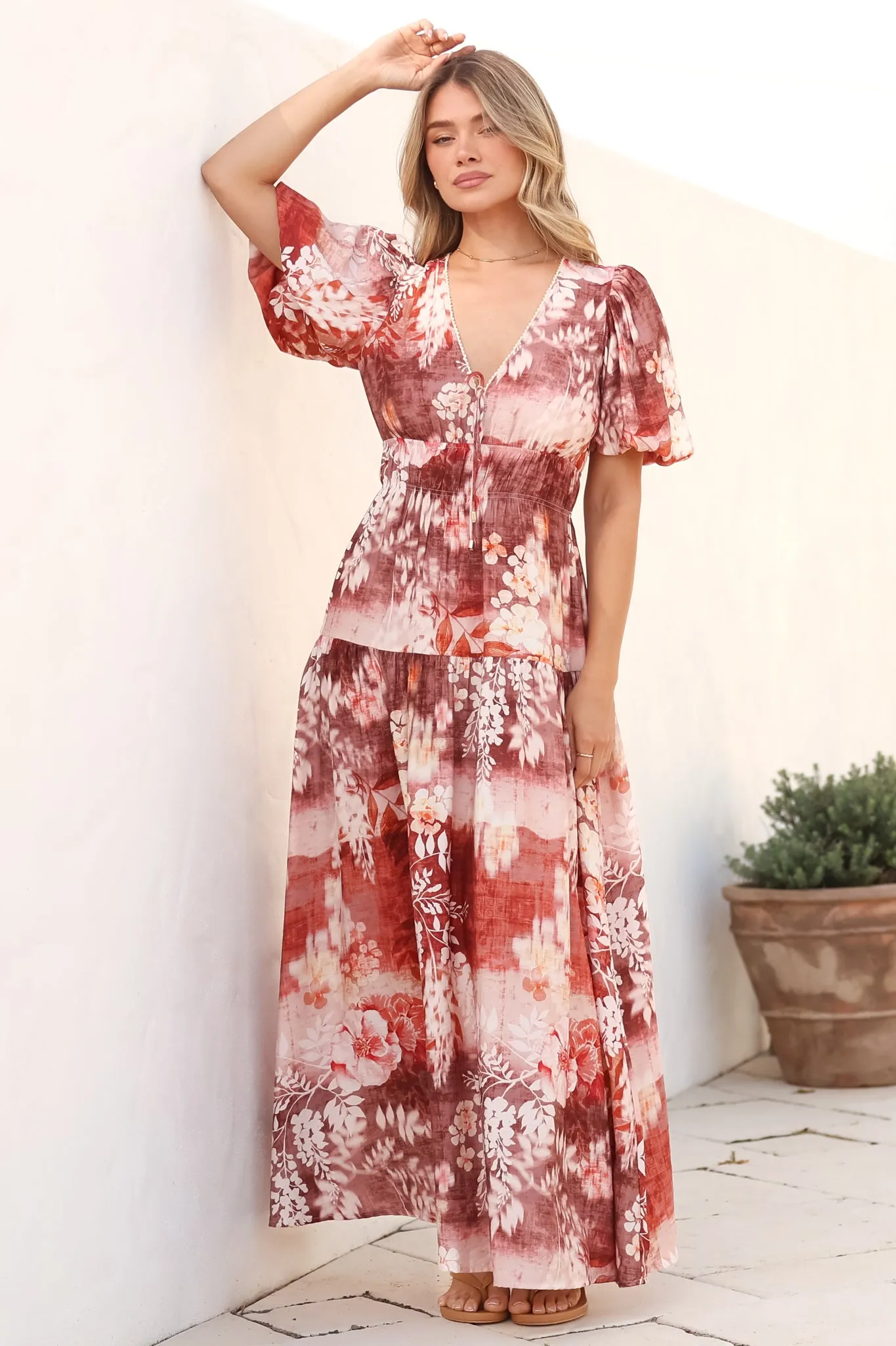 Elahe Maxi Dress - V Neck Tiered A-Line Dress with Puff Sleeves in Ashara Print sold by Salty Crush