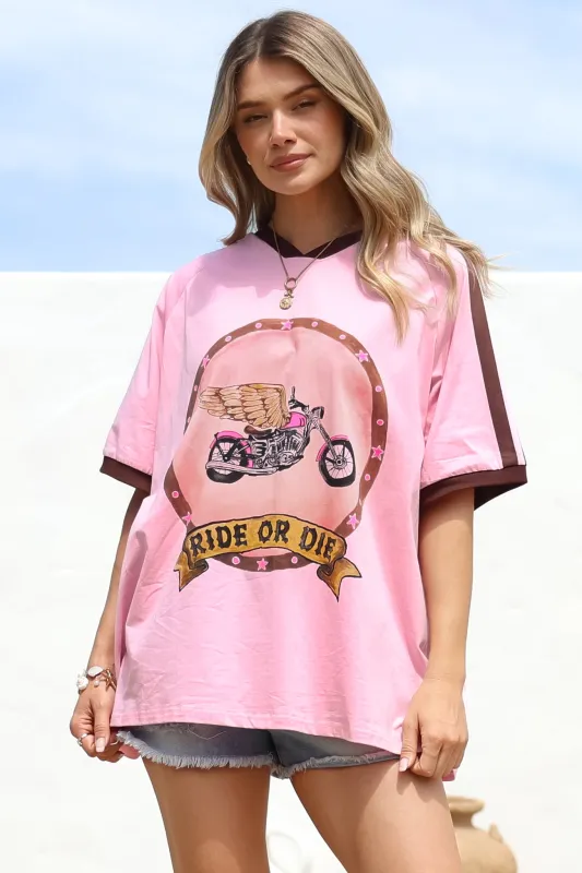Ride Or Die Tee - Graphic Print Short Sleeve T-Shirt with Racer Stripe Sleeves in Pink sold by Salty Crush