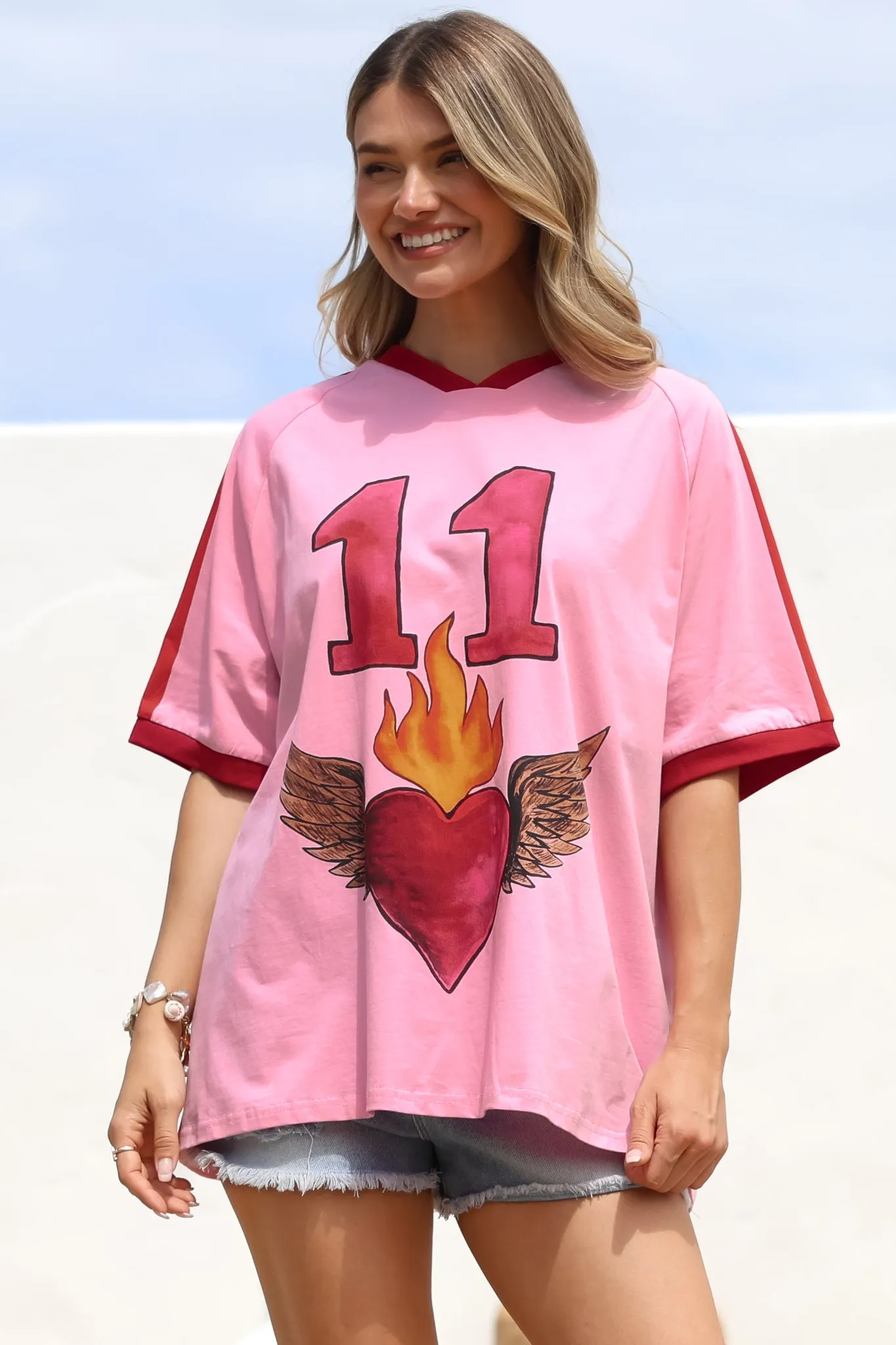 Pink 11 Tee - Graphic Print Short Sleeve T-Shirt with Racer Stripe Sleeves in Pink sold by Salty Crush product image thumbnail 4