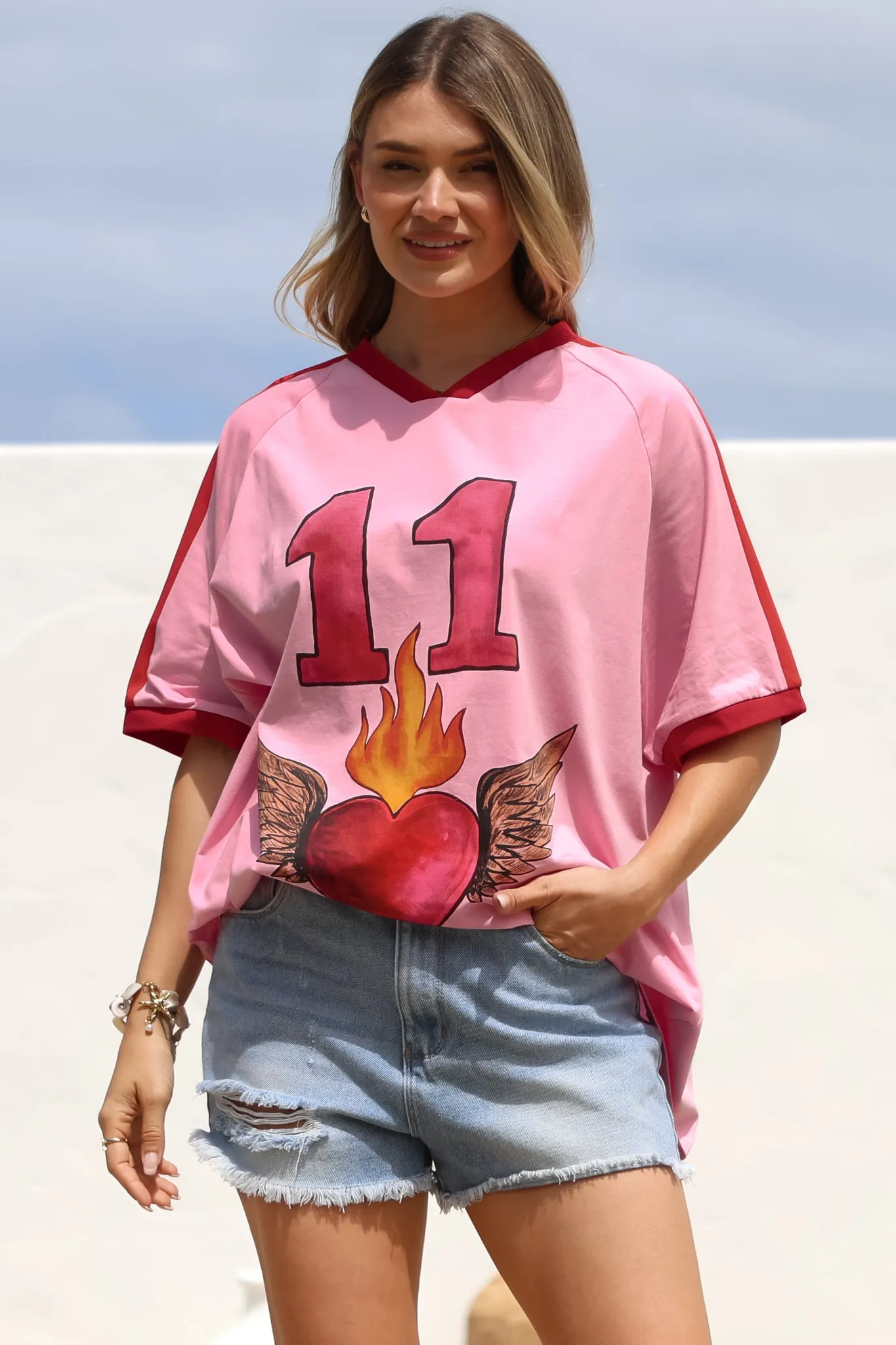 Pink 11 Tee - Graphic Print Short Sleeve T-Shirt with Racer Stripe Sleeves in Pink sold by Salty Crush product image thumbnail 3